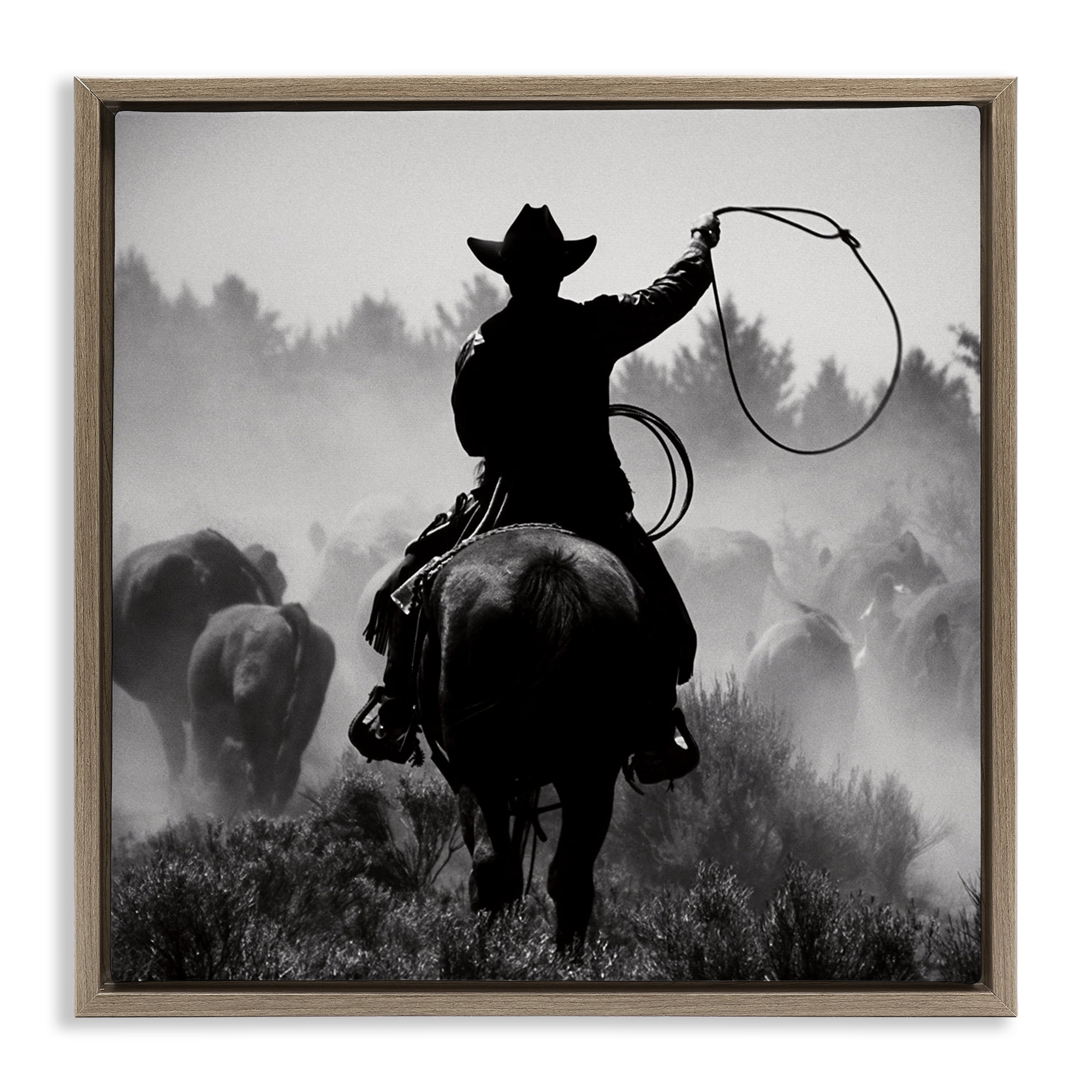 Stupell Industries Cowboy Swinging Lasso People Photography Brown Floater Framed Canvas Art Print Wall Art, 25 x 25