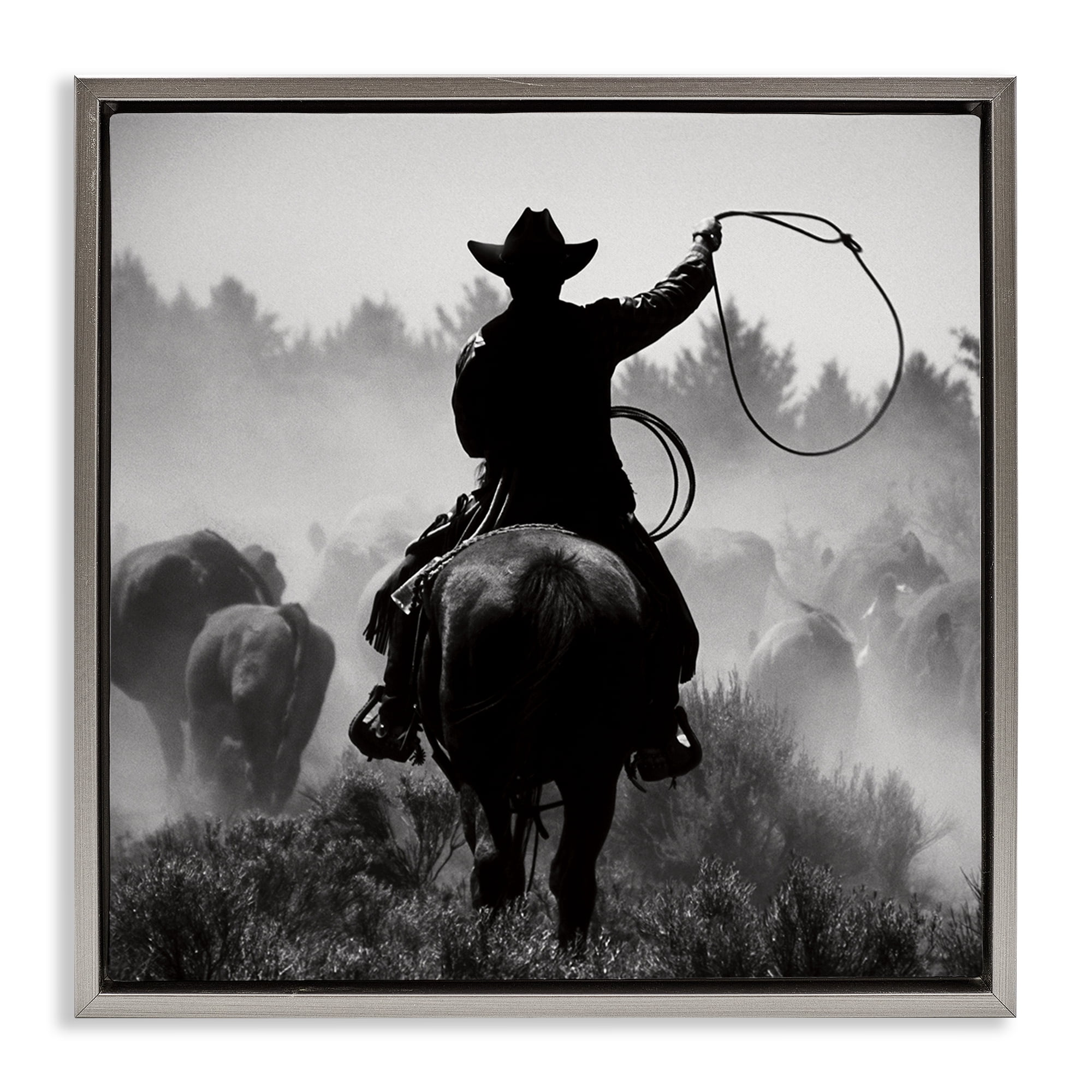 Stupell Industries Cowboy Swinging Lasso People Photography Gray Floater Framed Canvas Art Print Wall Art, 18 x 18