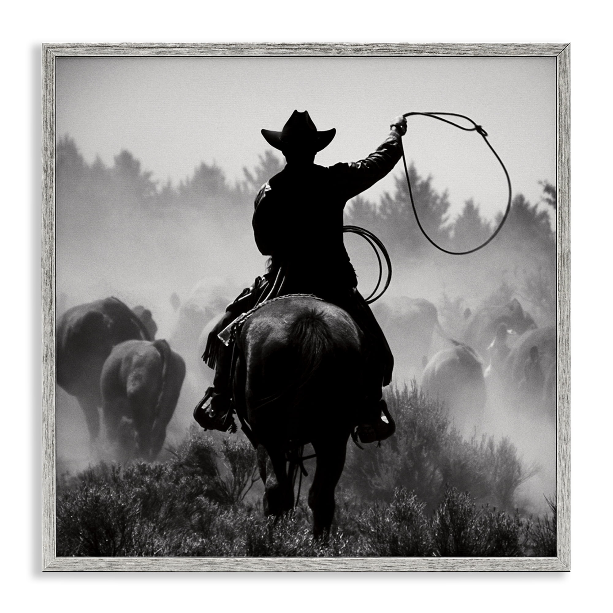 Stupell Industries Cowboy Swinging Lasso People Photography Gray Framed Art Print Wall Art, 17 x 17
