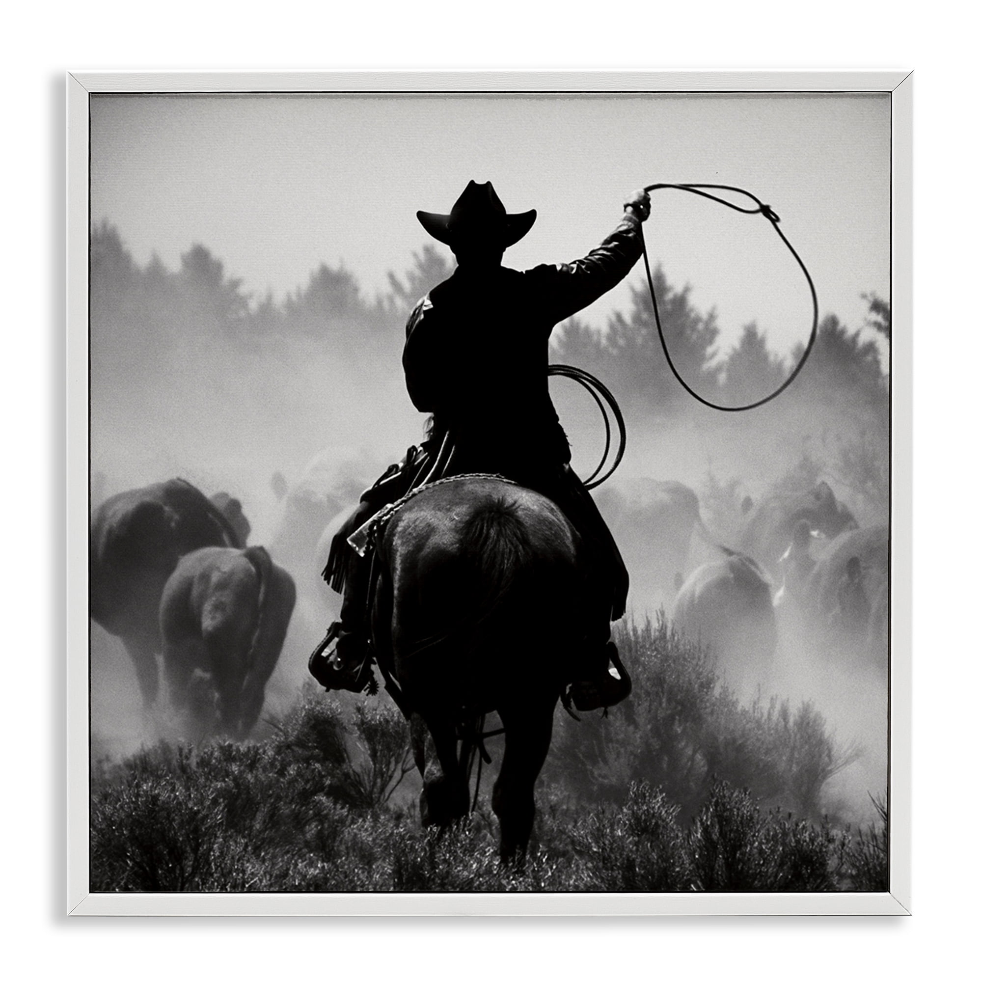 Stupell Industries Cowboy Swinging Lasso People Photography White Framed Art Print Wall Art, 12 x 12