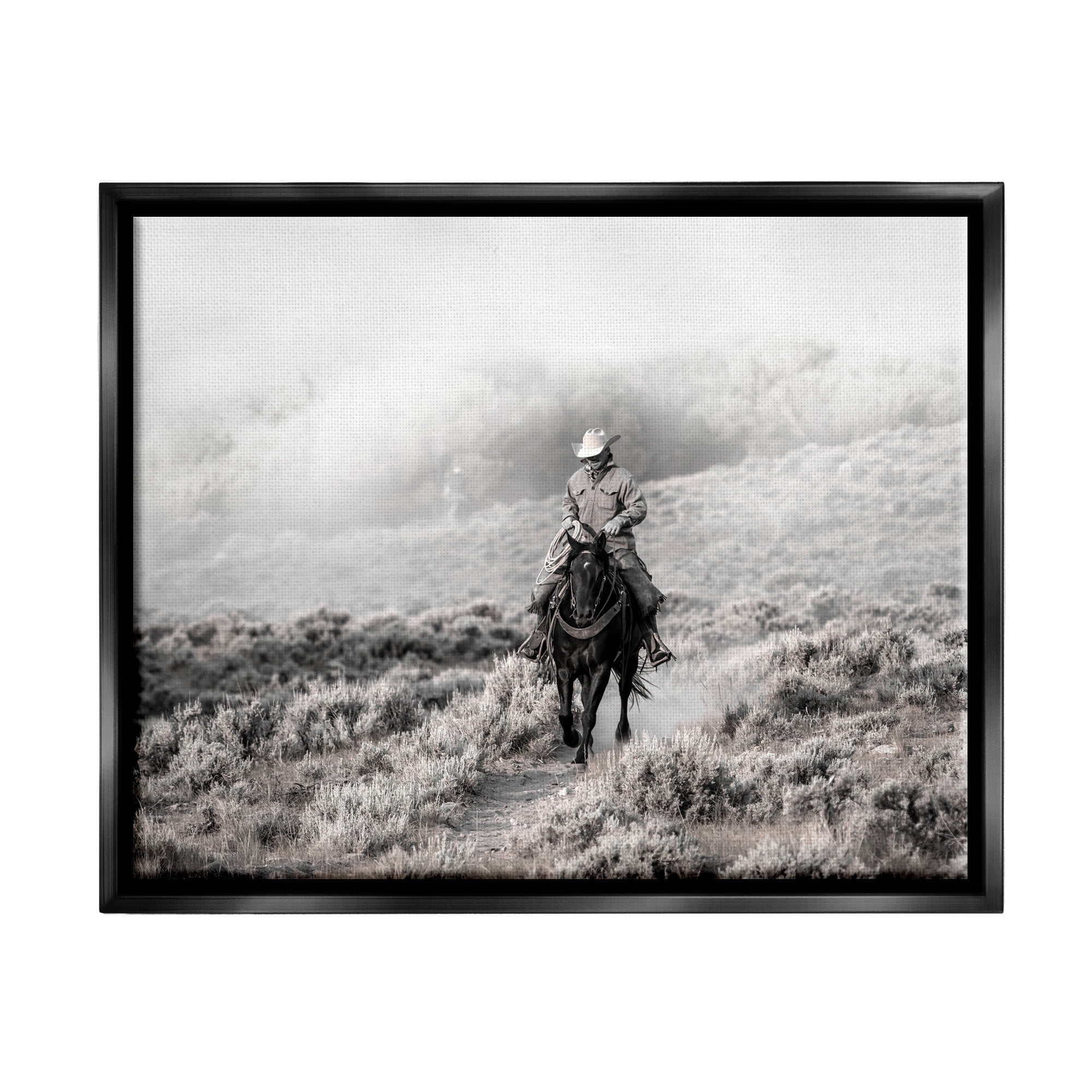 Stupell Industries Cowboy Trotting in Nature Landscape Photography Black Floater Framed Canvas Art Print Wall Art, 21 x 17