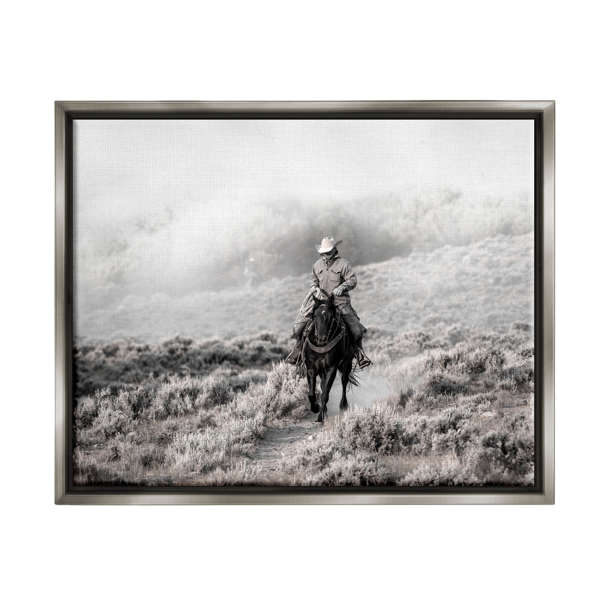 Stupell Industries Cowboy Trotting in Nature Landscape Photography Gray Floater Framed Canvas Art Print Wall Art, 31 x 25