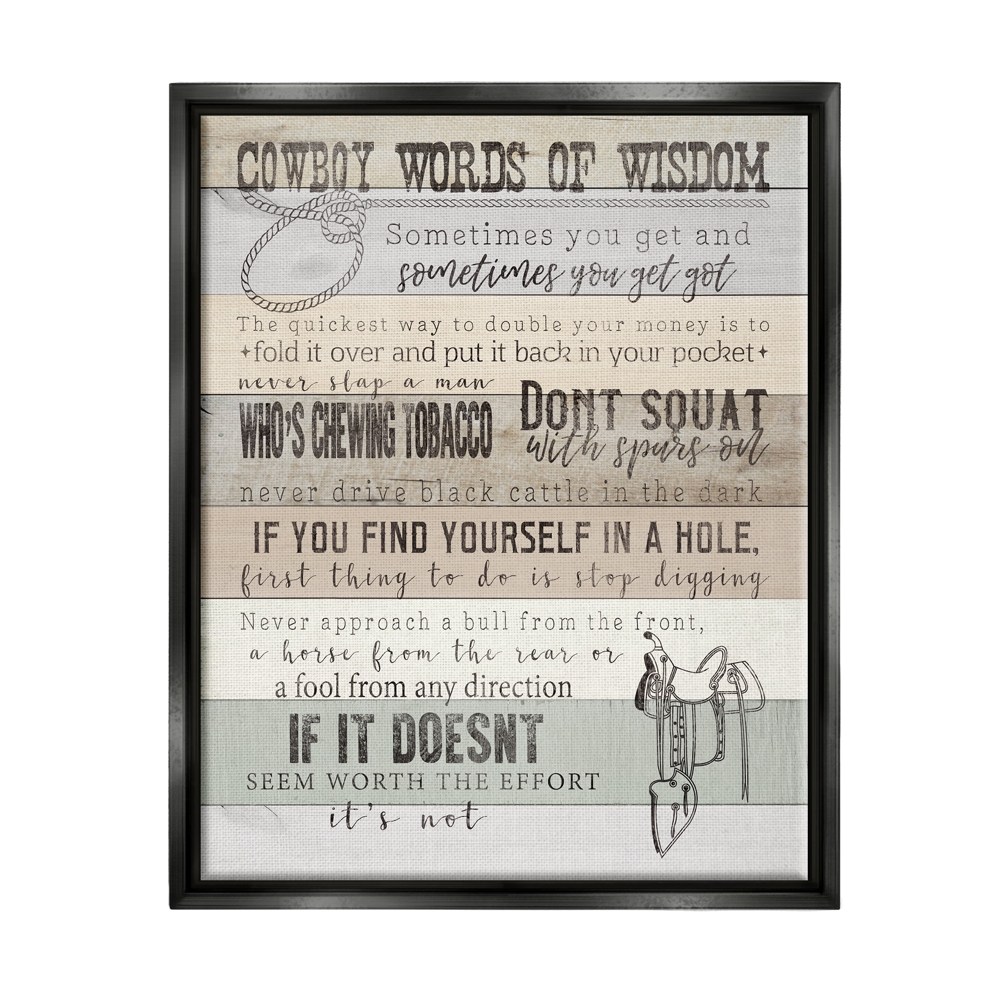 Stupell Industries Cowboy Words of Wisdom Typography Painting Black Floater  Framed Canvas Art Print Wall Art, 17 x 21