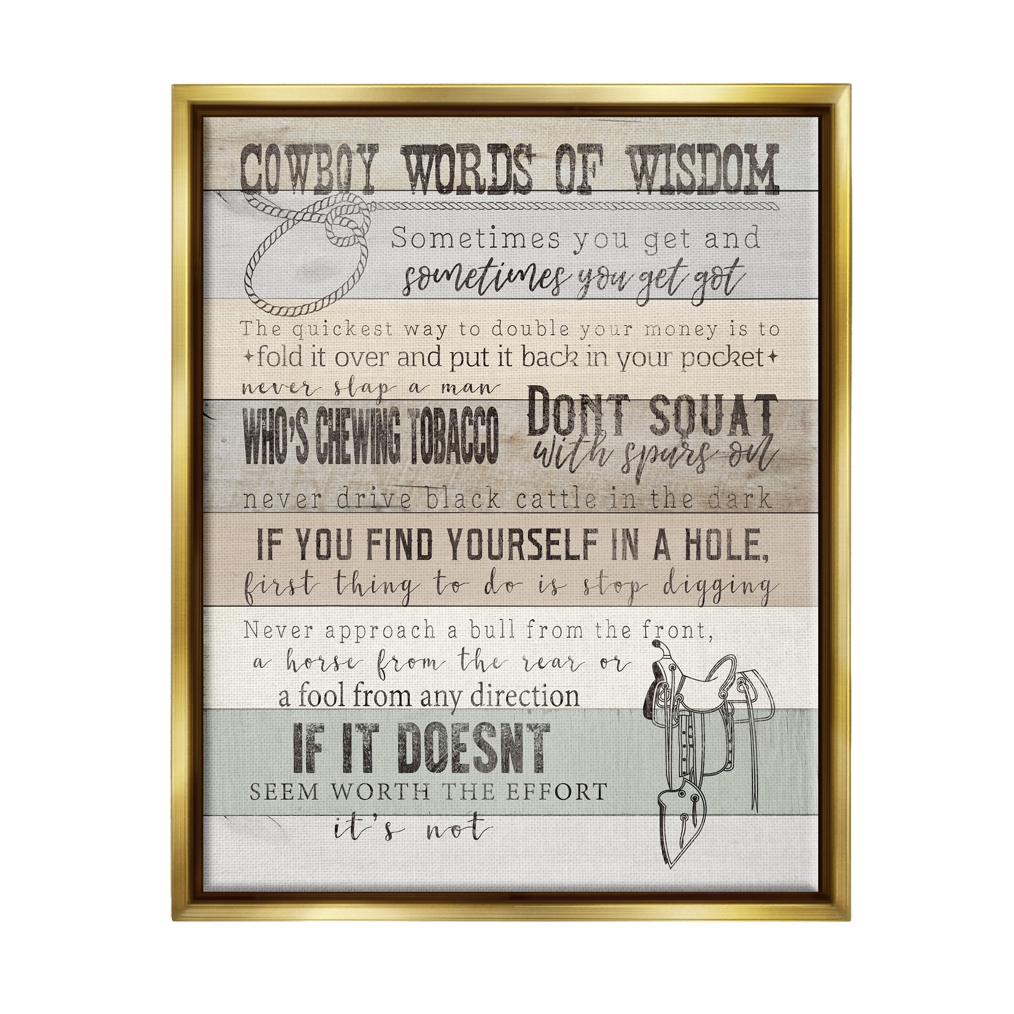 Stupell Industries Cowboy Words of Wisdom Typography Painting Gold Floater Framed Canvas Art Print Wall Art, 17 x 21
