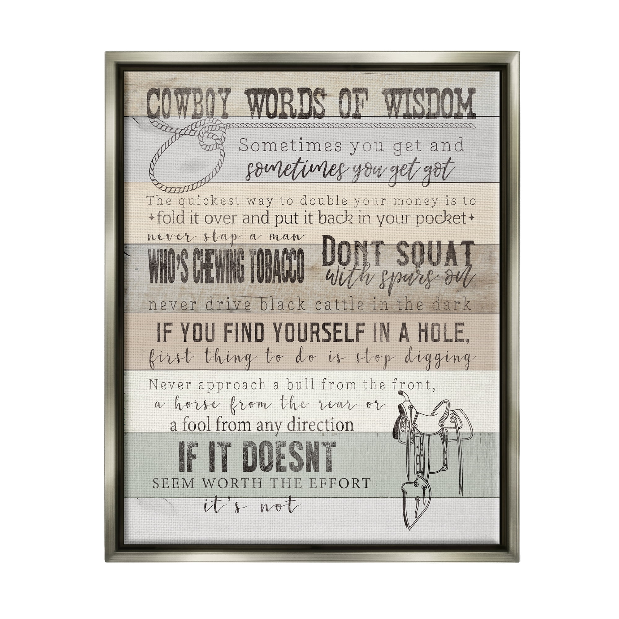 Stupell Industries Cowboy Words of Wisdom Typography Painting Gray Floater Framed Canvas Art Print Wall Art, 25 x 31