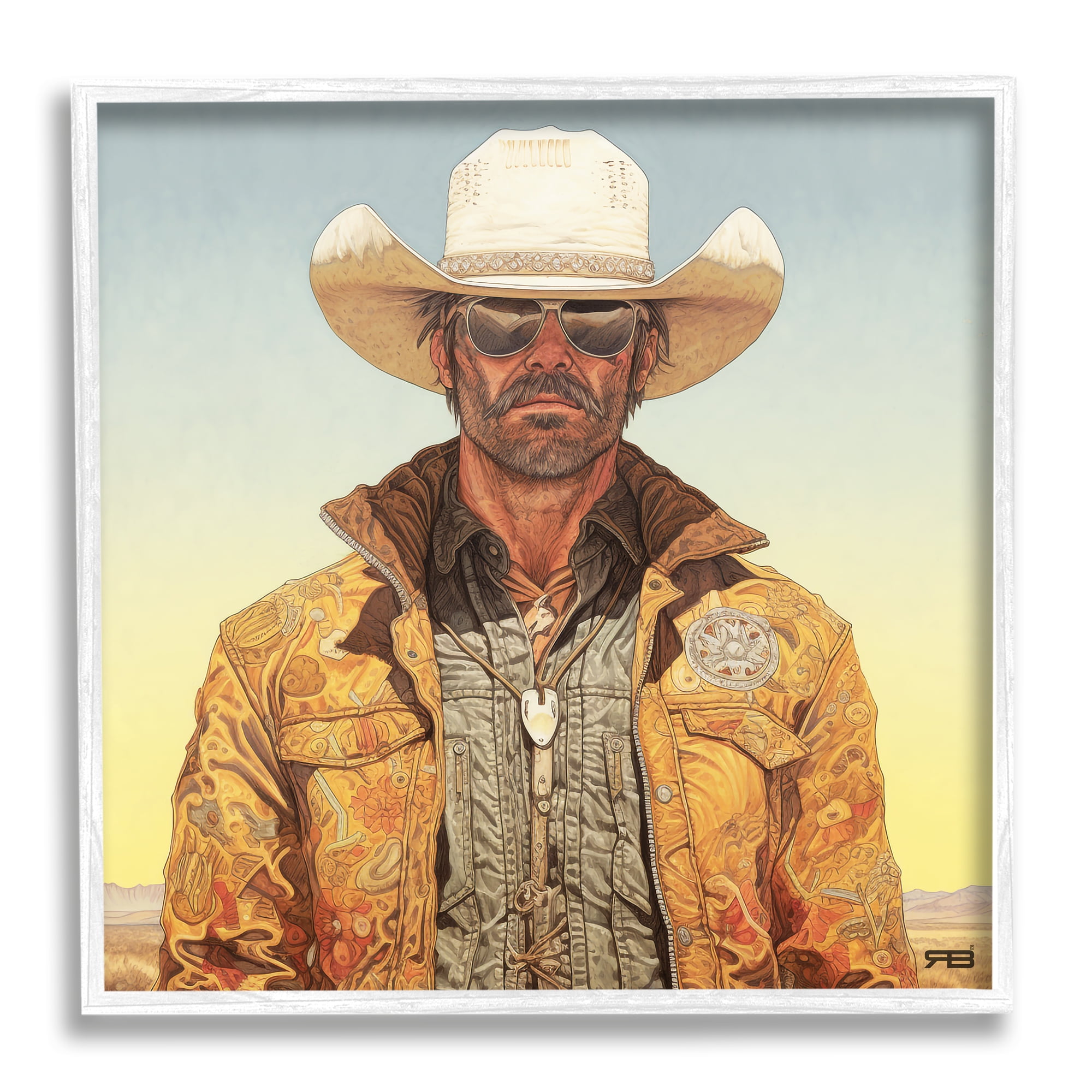 Stupell Industries Cowboy at Sunset Abstract Painting White Framed Art Print Wall Art, 24 x 24