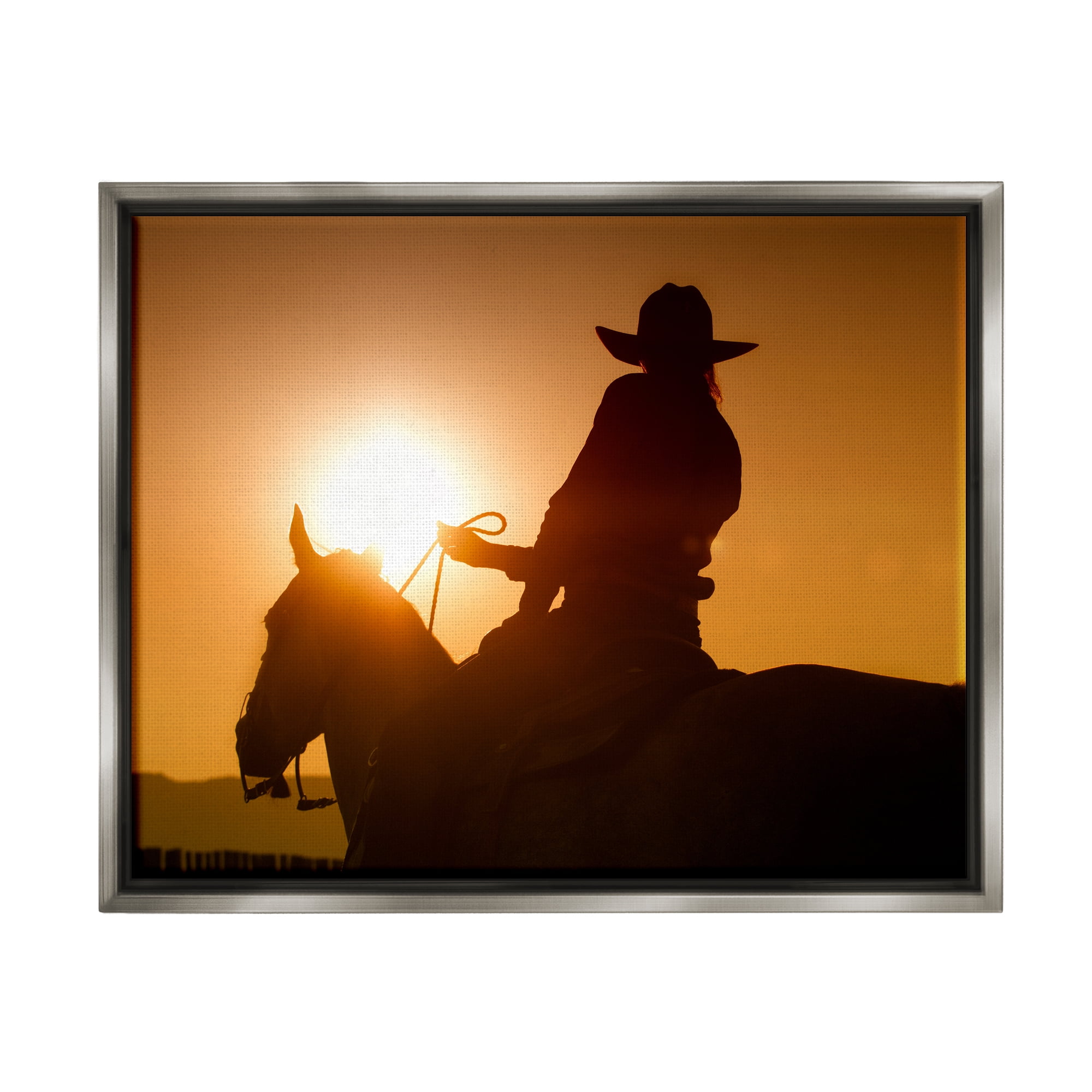 Stupell Industries Cowboy at Sunset Silhouette Animals & Insects Photography Gray Floater Framed Art Print Wall Art, 21 x 17