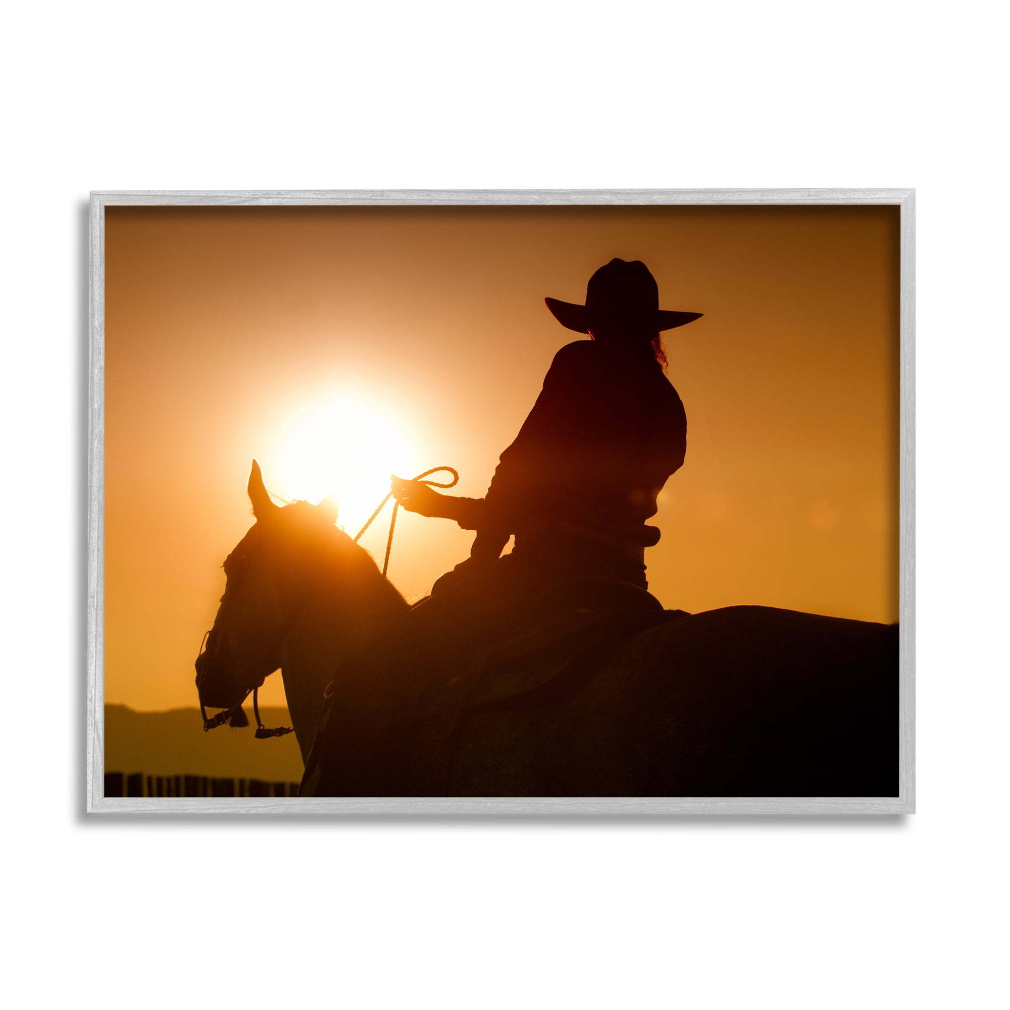 Stupell Industries Cowboy at Sunset Silhouette Animals & Insects Photography Gray Framed Art Print Wall Art, 20 x 16