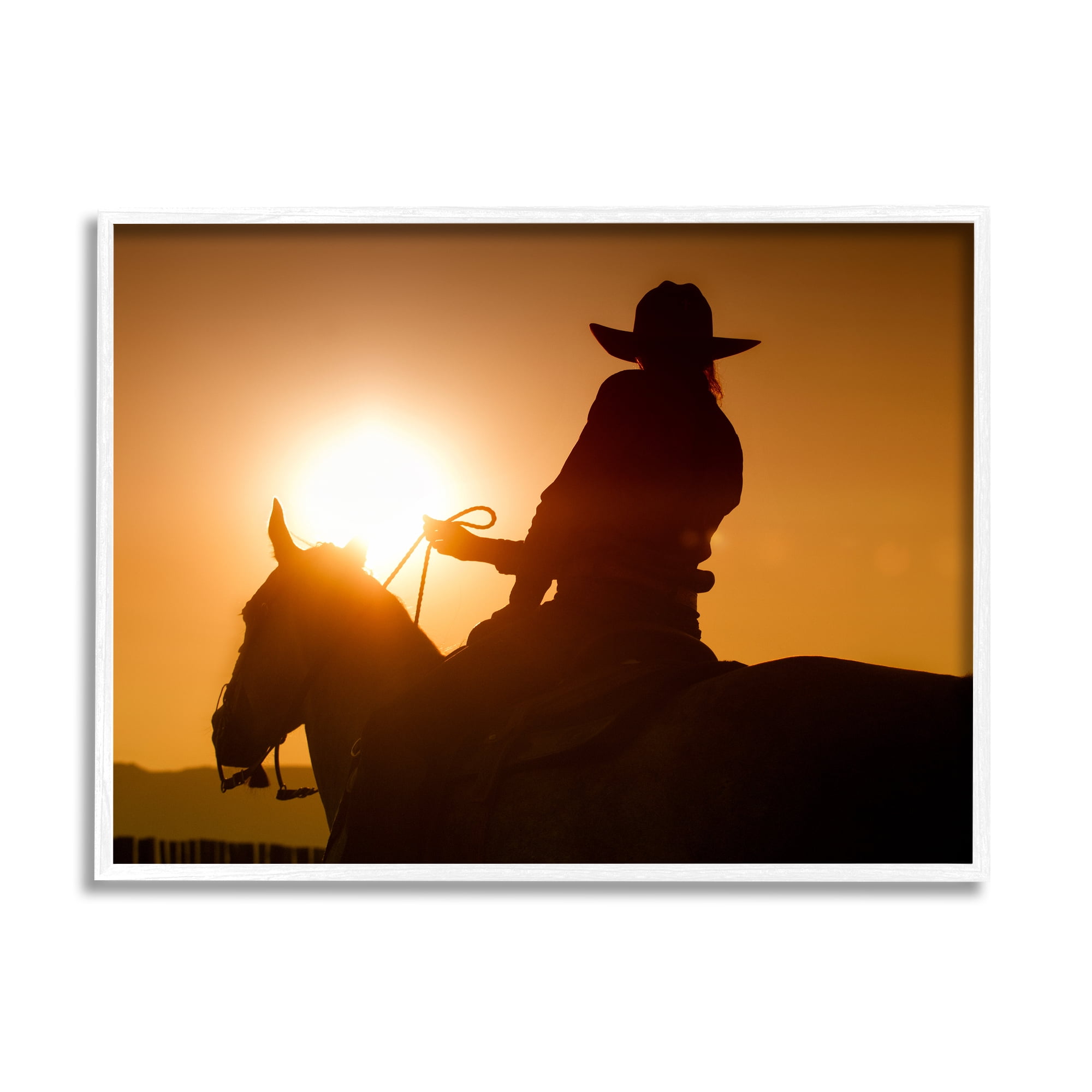 Stupell Industries Cowboy at Sunset Silhouette Animals & Insects Photography White Framed Art Print Wall Art, 20 x 16