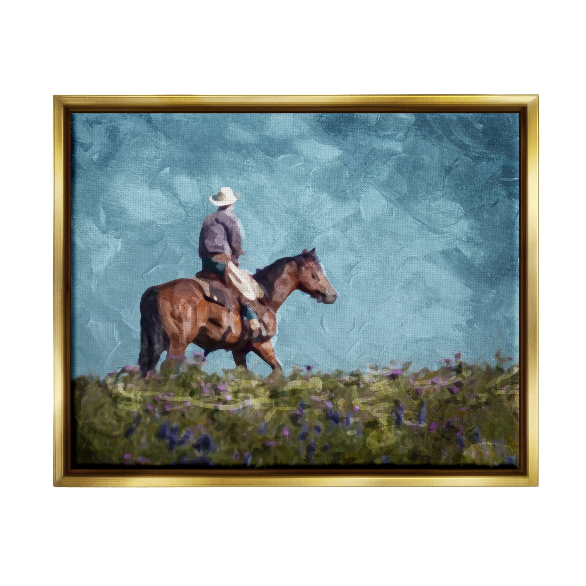 Stupell Industries Cowboy in Meadow Animals & Insects Painting Gold Floater Framed Canvas Art Print Wall Art, 31 x 25