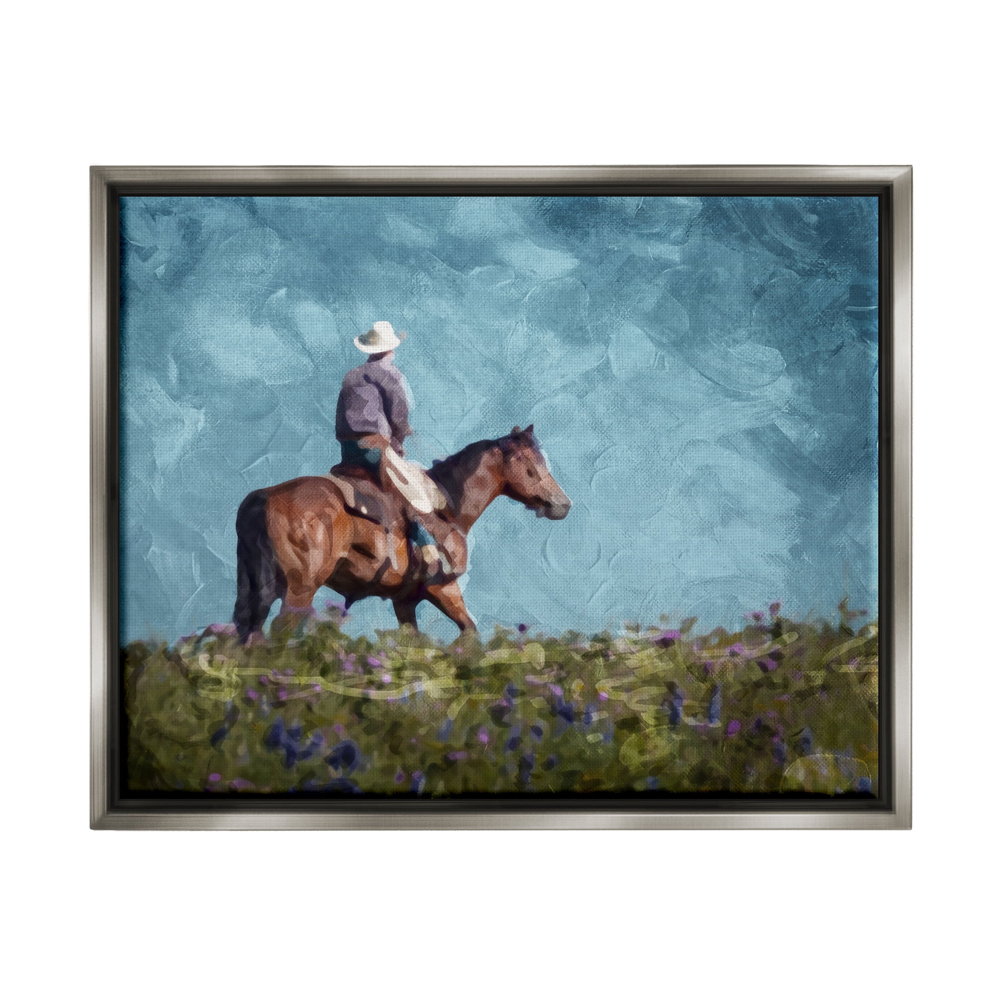 Stupell Industries Cowboy in Meadow Animals & Insects Painting Gray Floater Framed Canvas Art Print Wall Art, 21 x 17