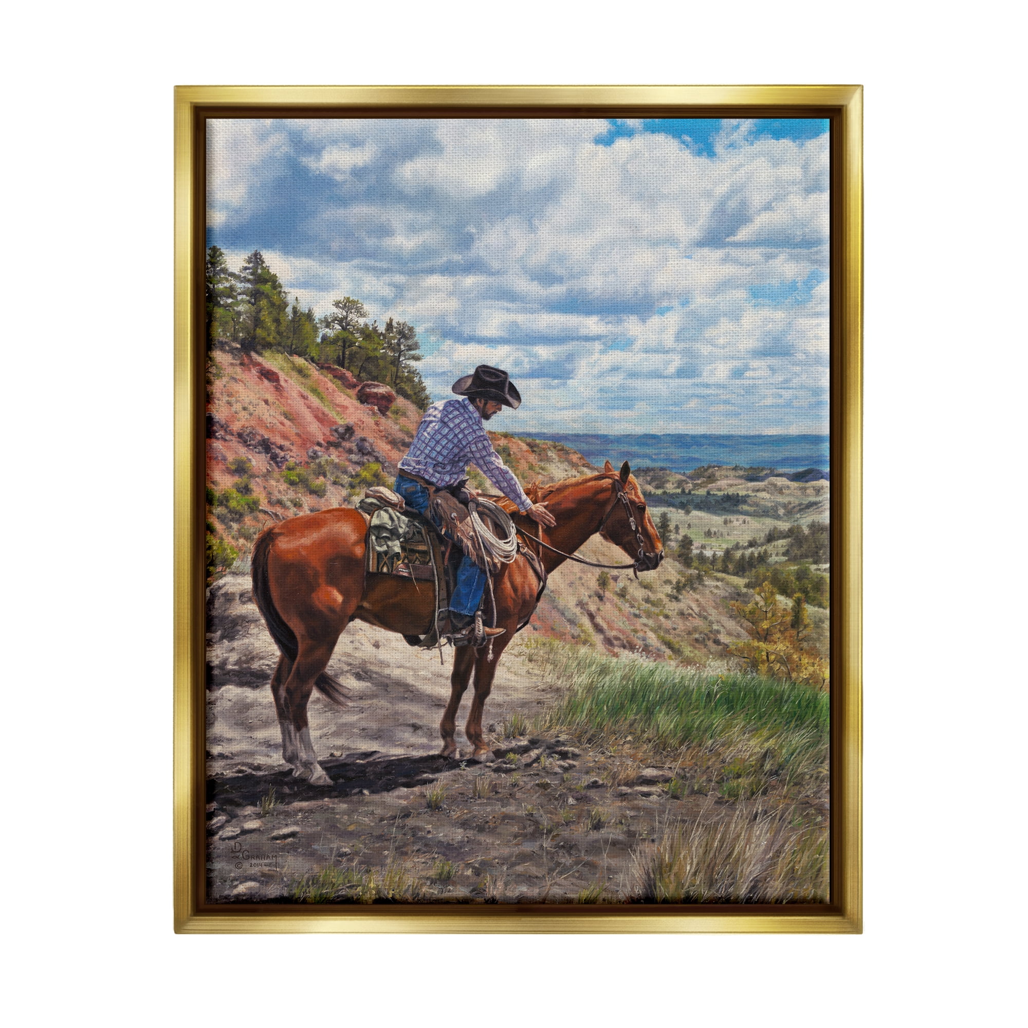 Stupell Industries Cowboy in Ocean Landscape Animals & Insects Painting Gold Floater Framed Art Print Wall Art, 17 x 21