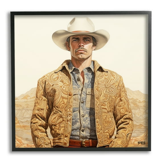 Stupell Industries Cowboy in Paisley Jacket Landscape Painting Black Framed Art Print Wall Art, 12 x 12