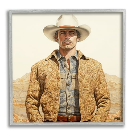 Stupell Industries Cowboy in Paisley Jacket Landscape Painting Gray Framed Art Print Wall Art, 12 x 12