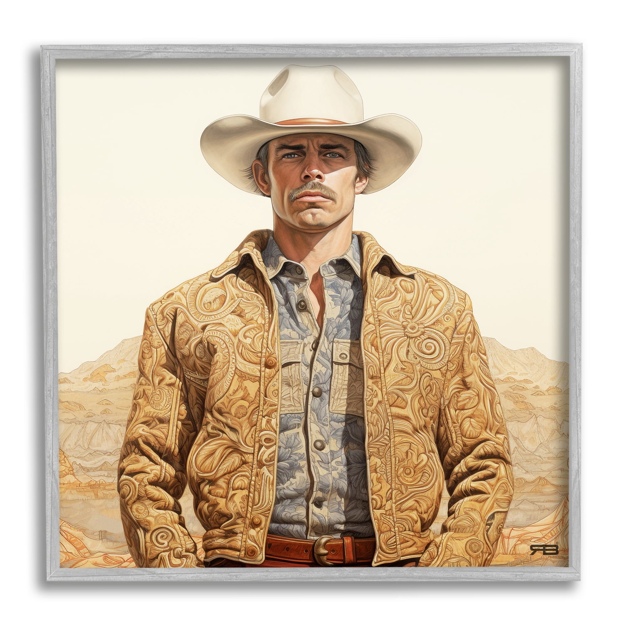 Stupell Industries Cowboy in Paisley Jacket Landscape Painting Gray Framed Art Print Wall Art, 17 x 17