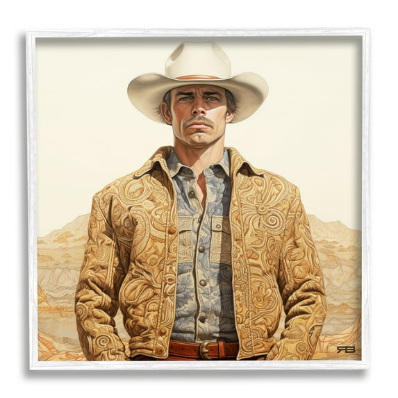 Stupell Industries Cowboy in Paisley Jacket Landscape Painting White Framed Art Print Wall Art, 12 x 12