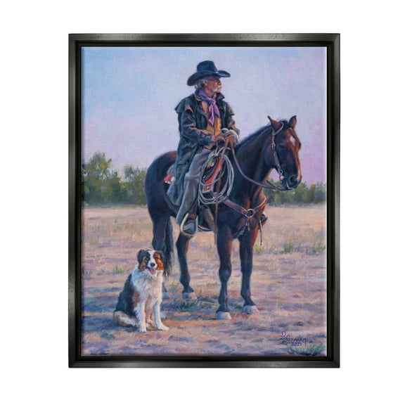 Stupell Industries Cowboy in Rural Landscape Animals & Insects Painting Black Floater Framed Art Print Wall Art, 17 x 21