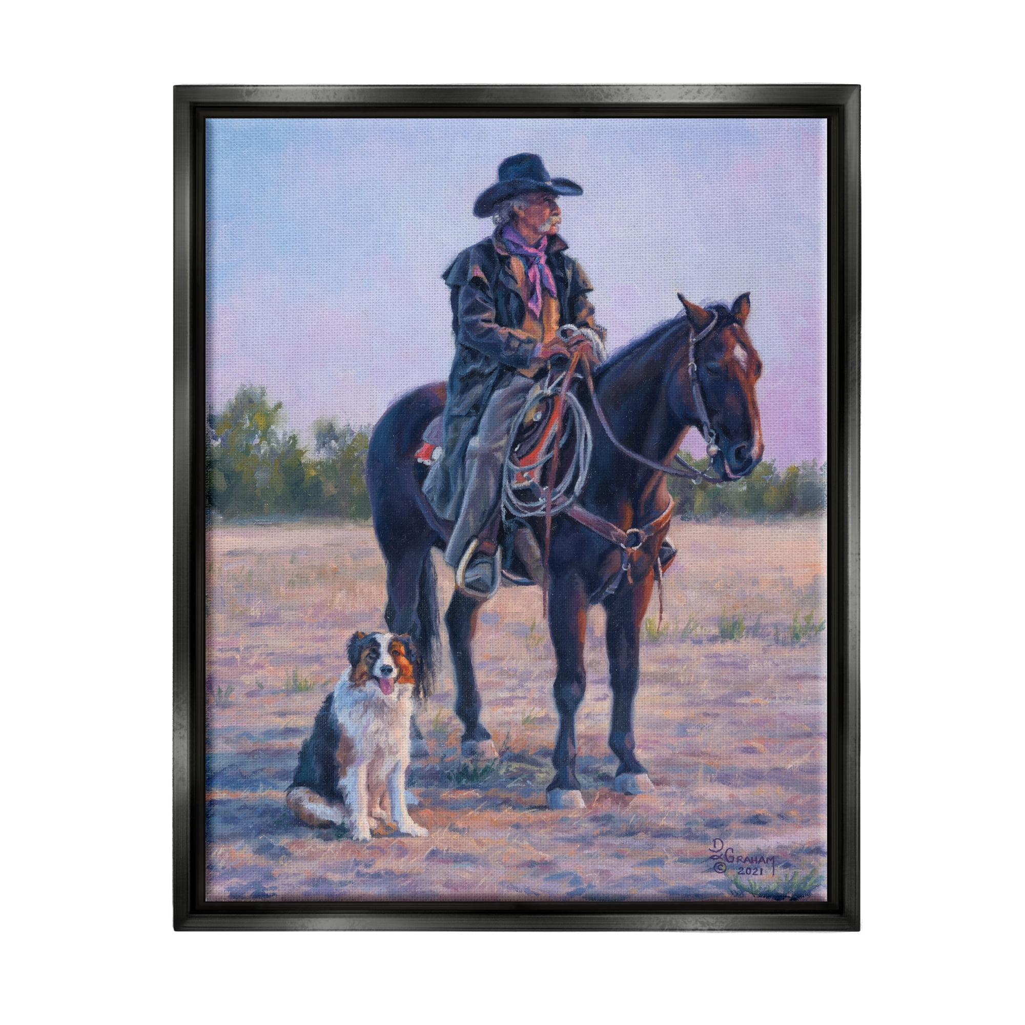 Stupell Industries Cowboy in Rural Landscape Animals & Insects Painting Black Floater Framed Art Print Wall Art, 25 x 31