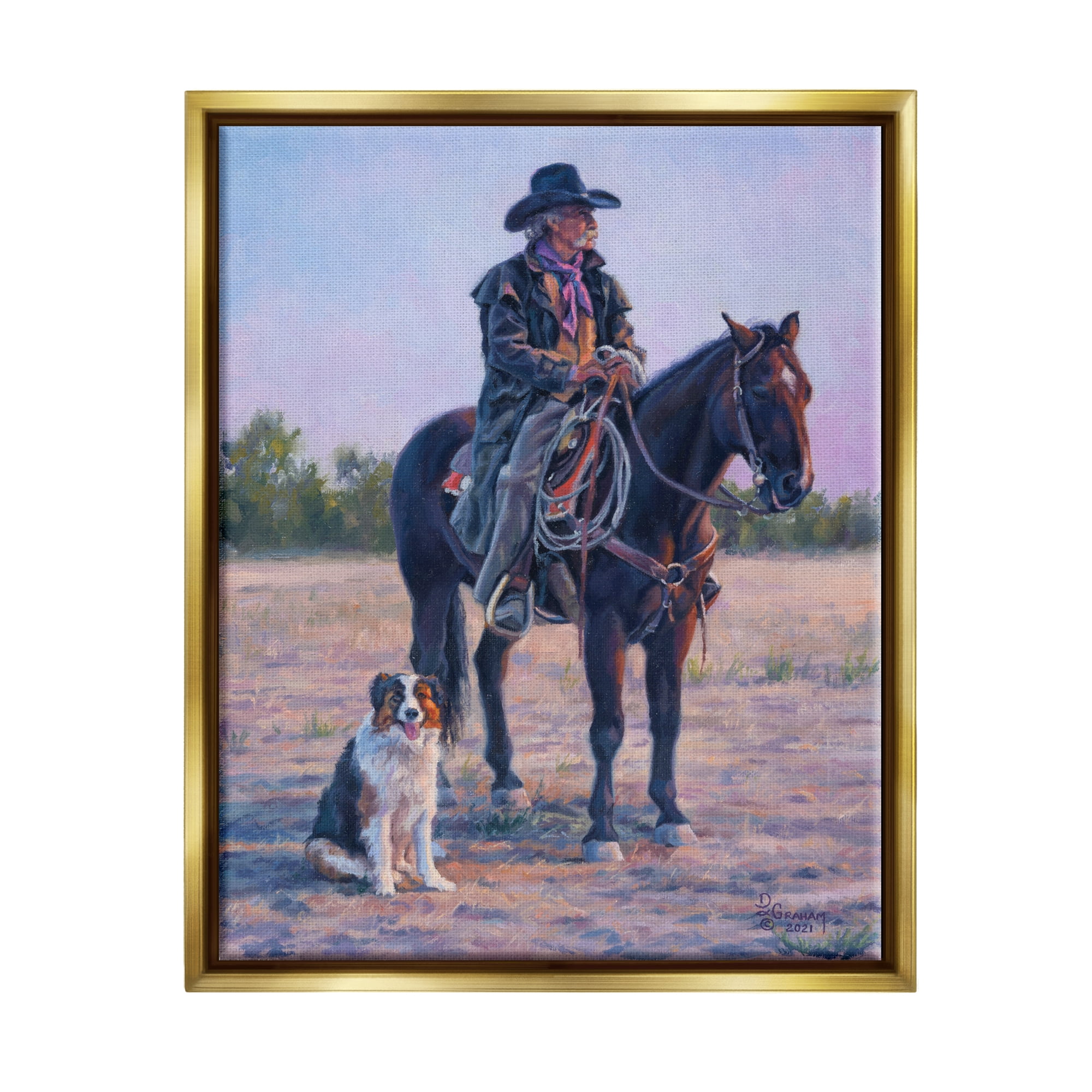 Stupell Industries Cowboy in Rural Landscape Animals & Insects Painting Gold Floater Framed Art Print Wall Art, 25 x 31