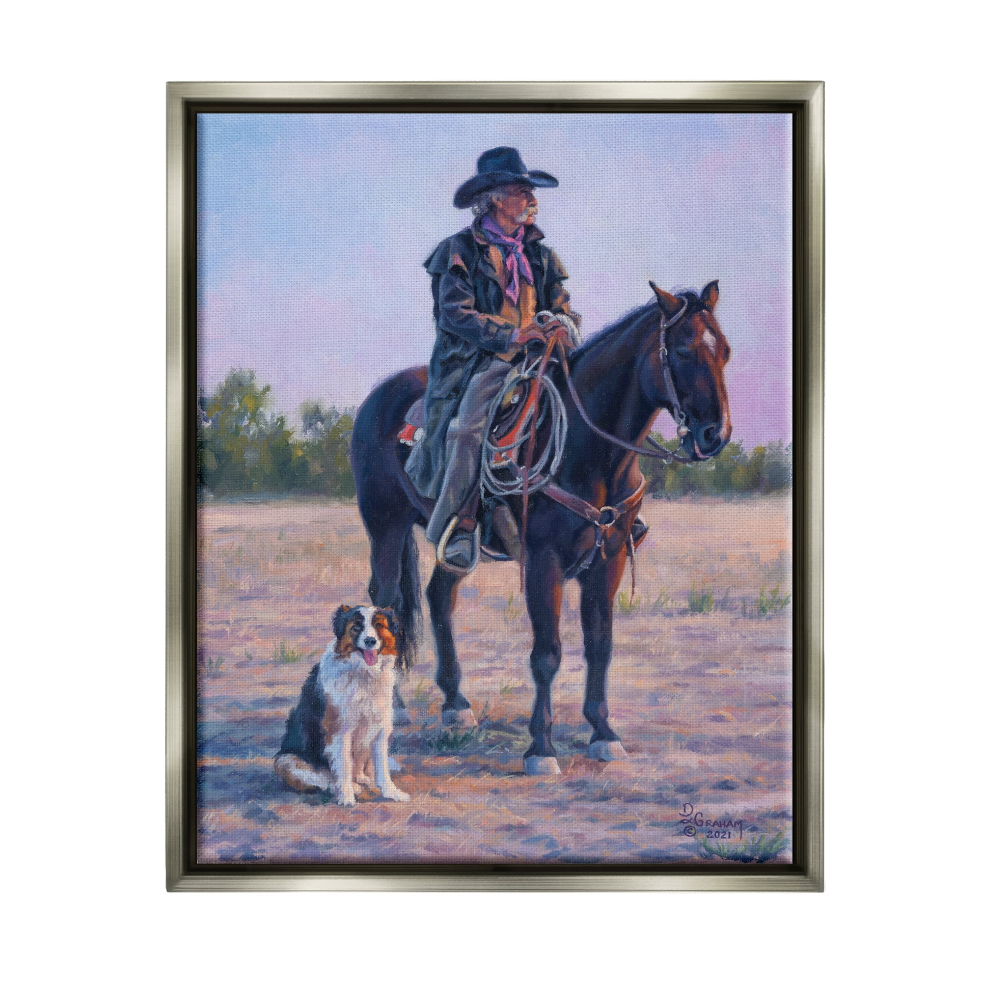 Stupell Industries Cowboy in Rural Landscape Animals & Insects Painting Gray Floater Framed Art Print Wall Art, 17 x 21