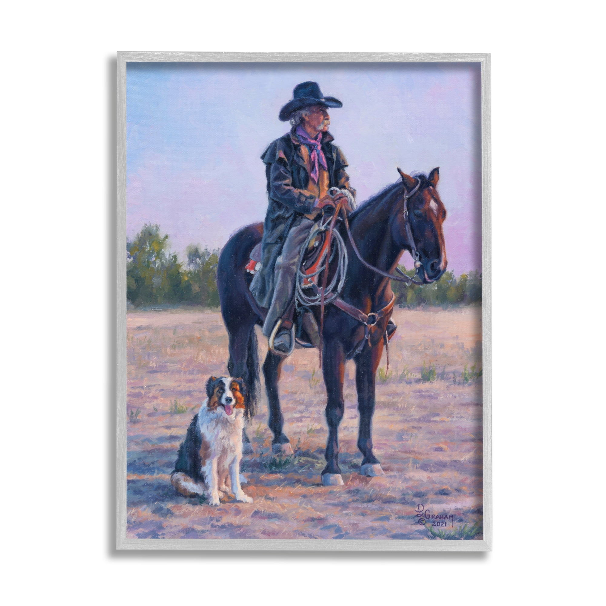 Stupell Industries Cowboy in Rural Landscape Animals & Insects Painting Gray Framed Art Print Wall Art, 24 x 30