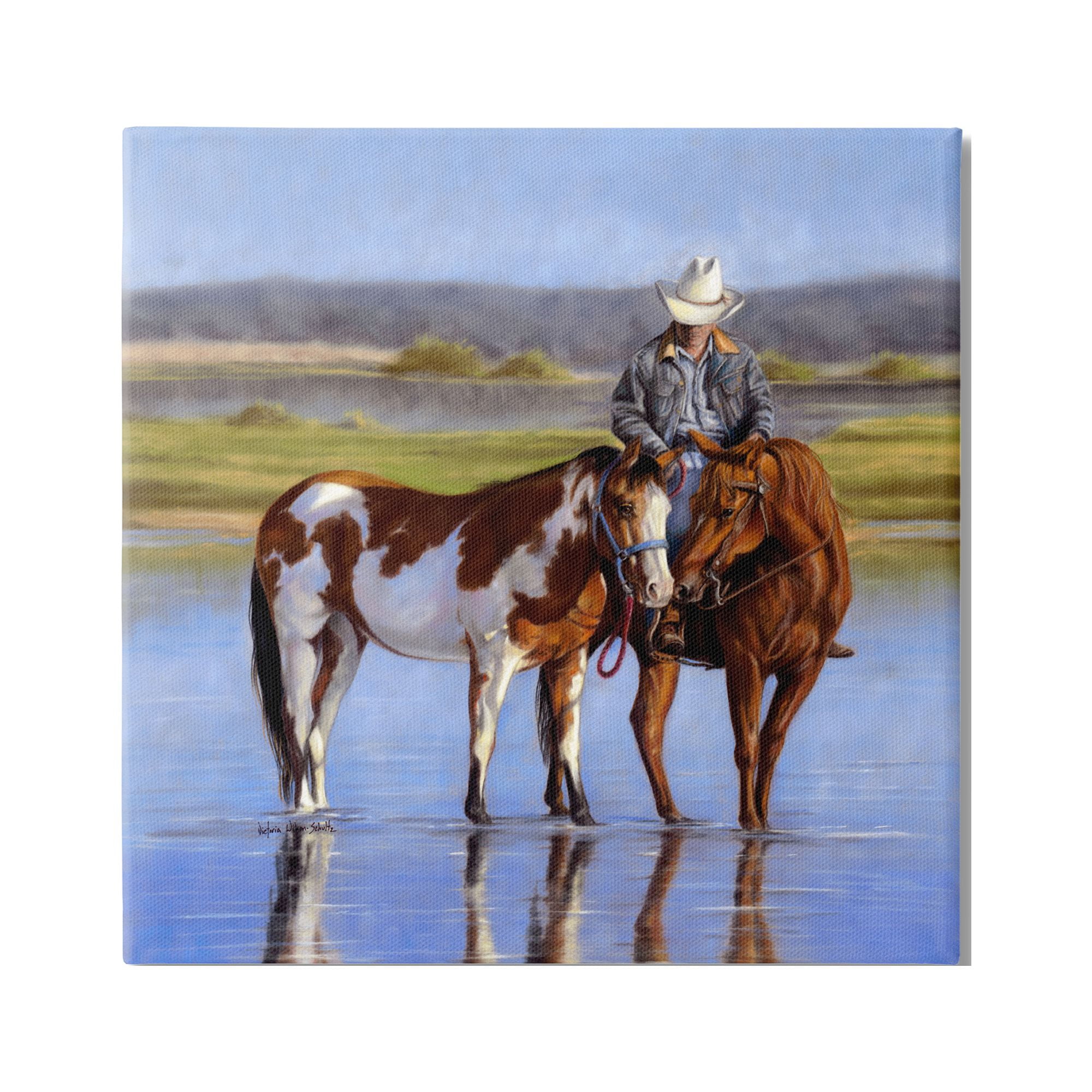 Stupell Industries Cowboy in Shallow River Animals & Insects Painting Gallery Wrapped Canvas Art Print Wall Art, 24 x 24