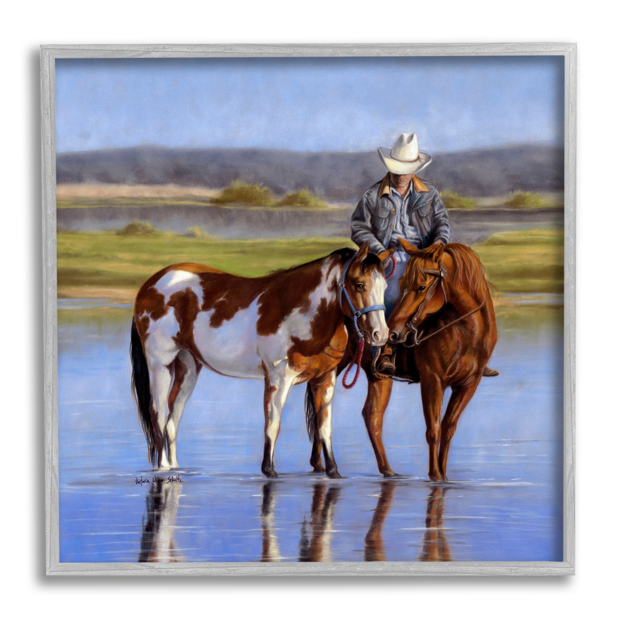 Stupell Industries Cowboy in Shallow River Animals & Insects Painting Gray Framed Art Print Wall Art, 17 x 17