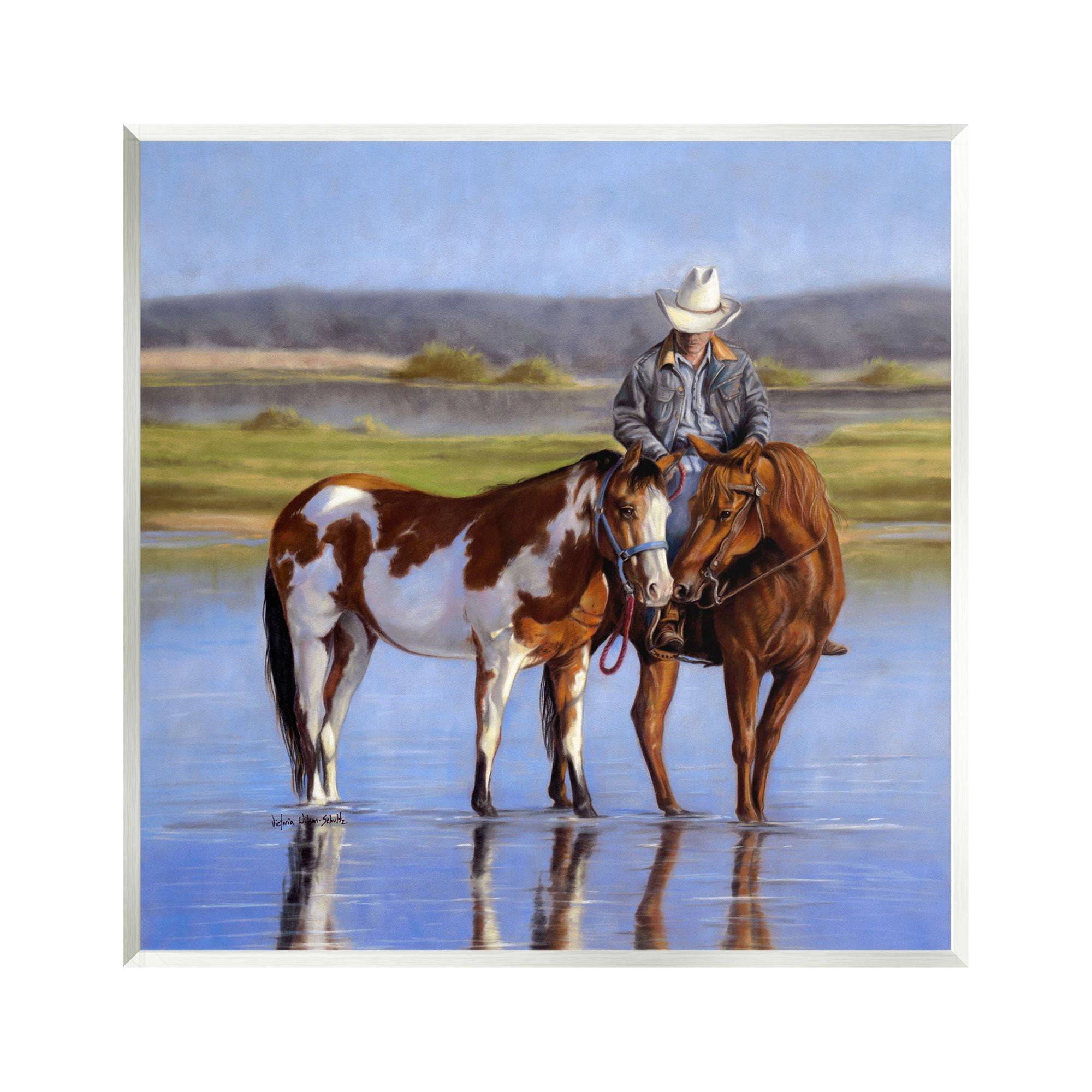 Stupell Industries Cowboy in Shallow River Animals & Insects Painting Unframed Art Print Wall Art, 12 x 12