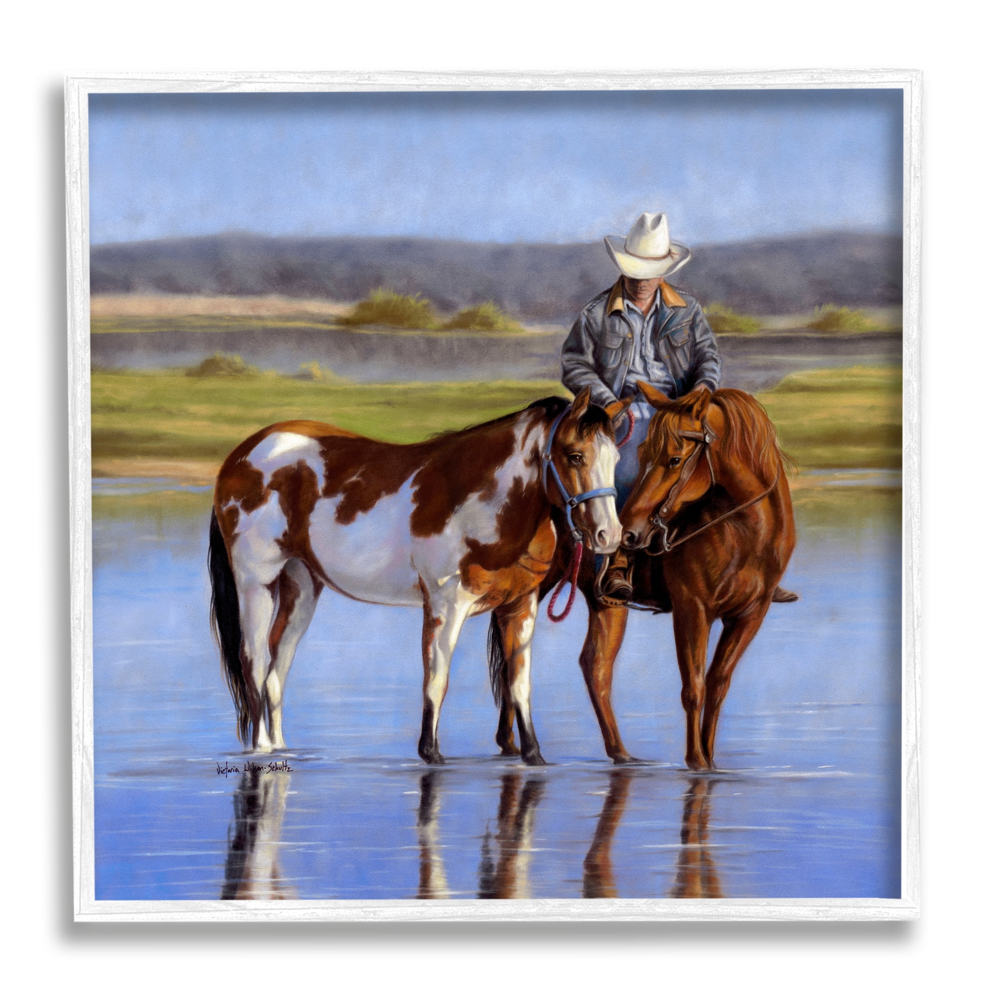 Stupell Industries Cowboy in Shallow River Animals & Insects Painting White Framed Art Print Wall Art, 24 x 24