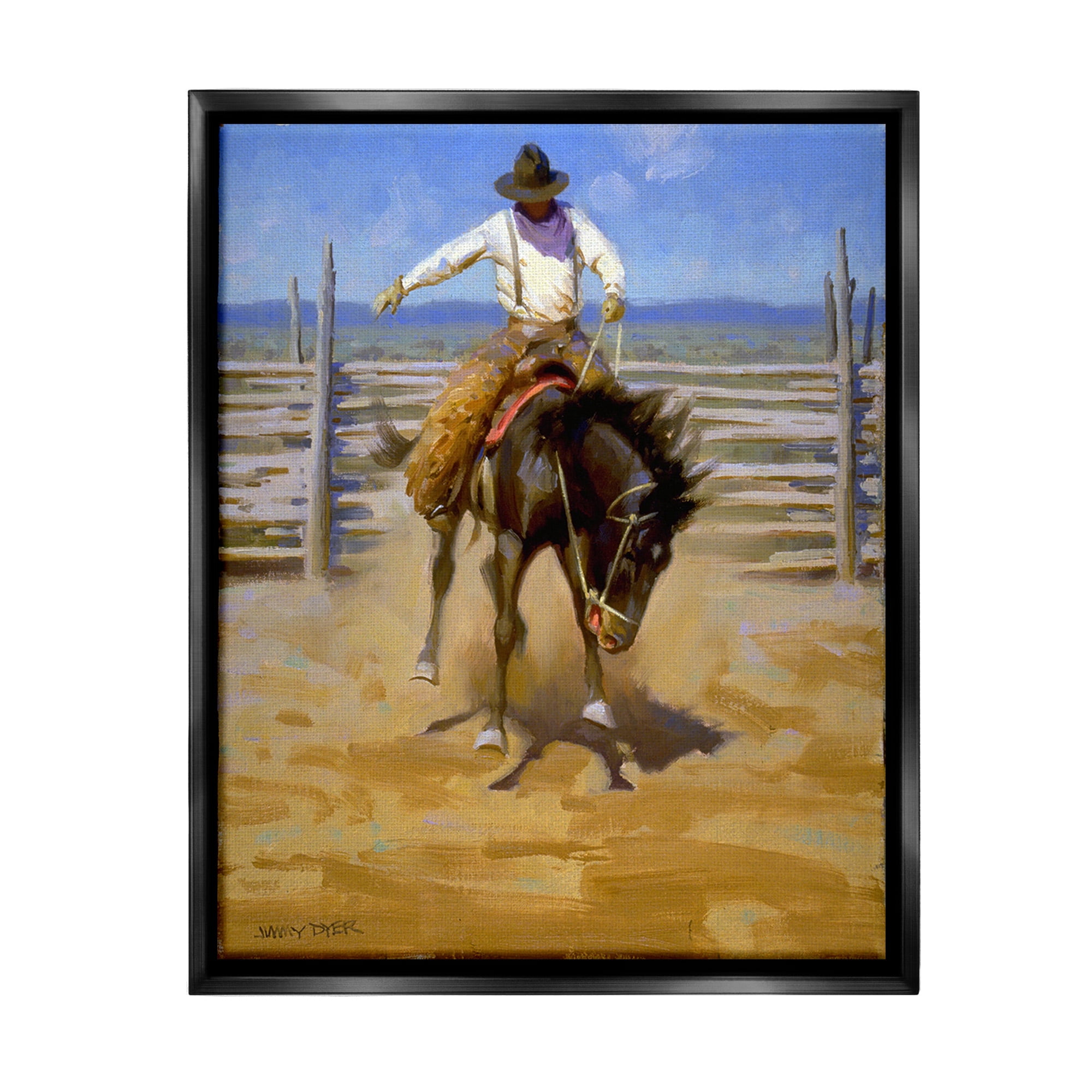 Stupell Industries Cowboy on Farm Landscape Painting Black Floater Framed Canvas Art Print Wall Art, 25 x 31