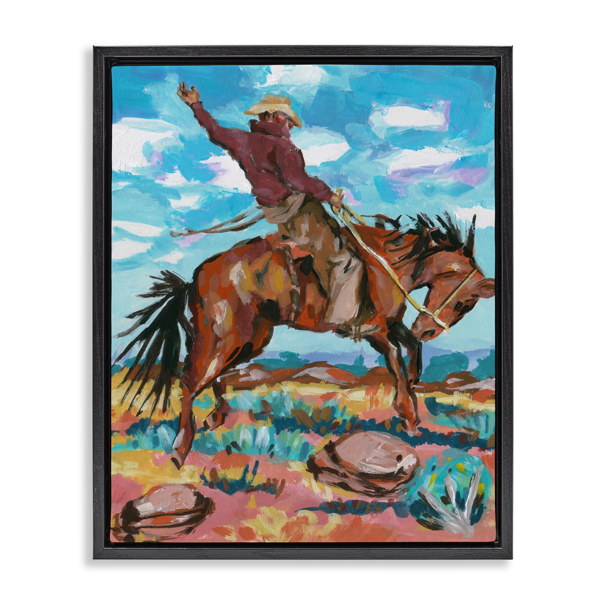 Stupell Industries Cowboy on Rearing Horse Animals Painting Black Floater Framed Canvas Art Print Wall Art, 17 x 21