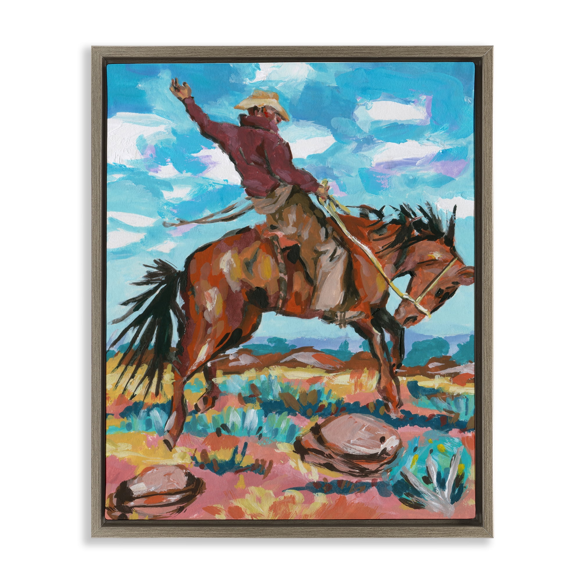 Stupell Industries Cowboy on Rearing Horse Animals Painting Brown Floater Framed Canvas Art Print Wall Art, 17 x 21