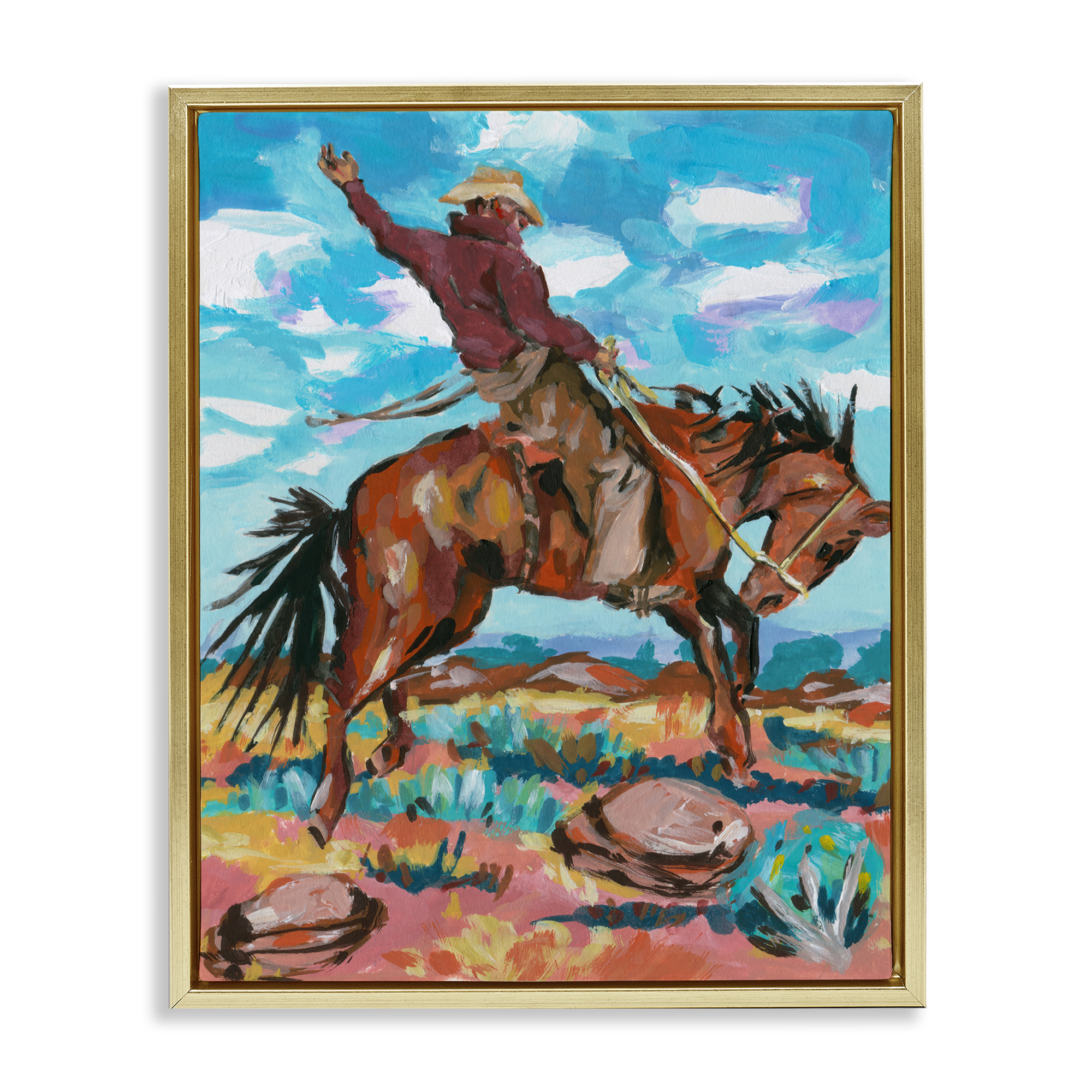 Stupell Industries Cowboy on Rearing Horse Animals Painting Gold Floater Framed Canvas Art Print Wall Art, 25 x 31