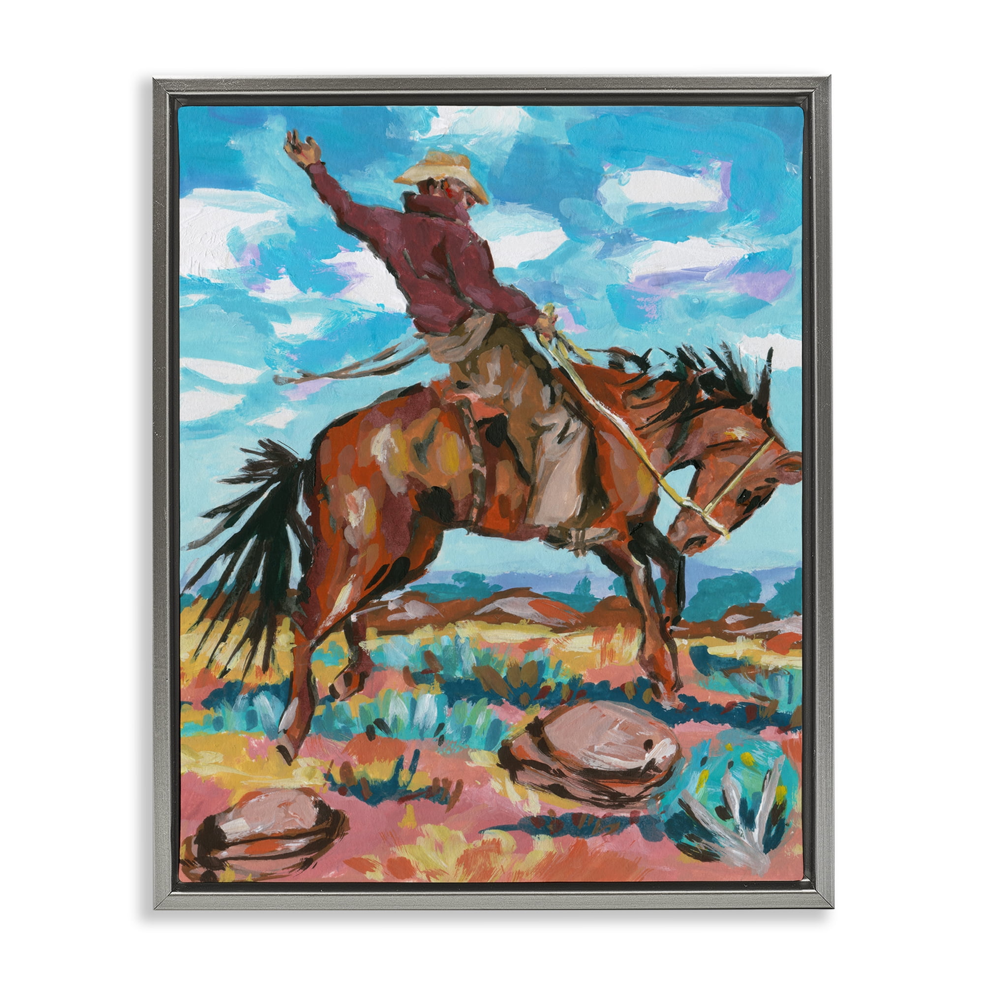 Stupell Industries Cowboy on Rearing Horse Animals Painting Gray Floater Framed Canvas Art Print Wall Art, 17 x 21