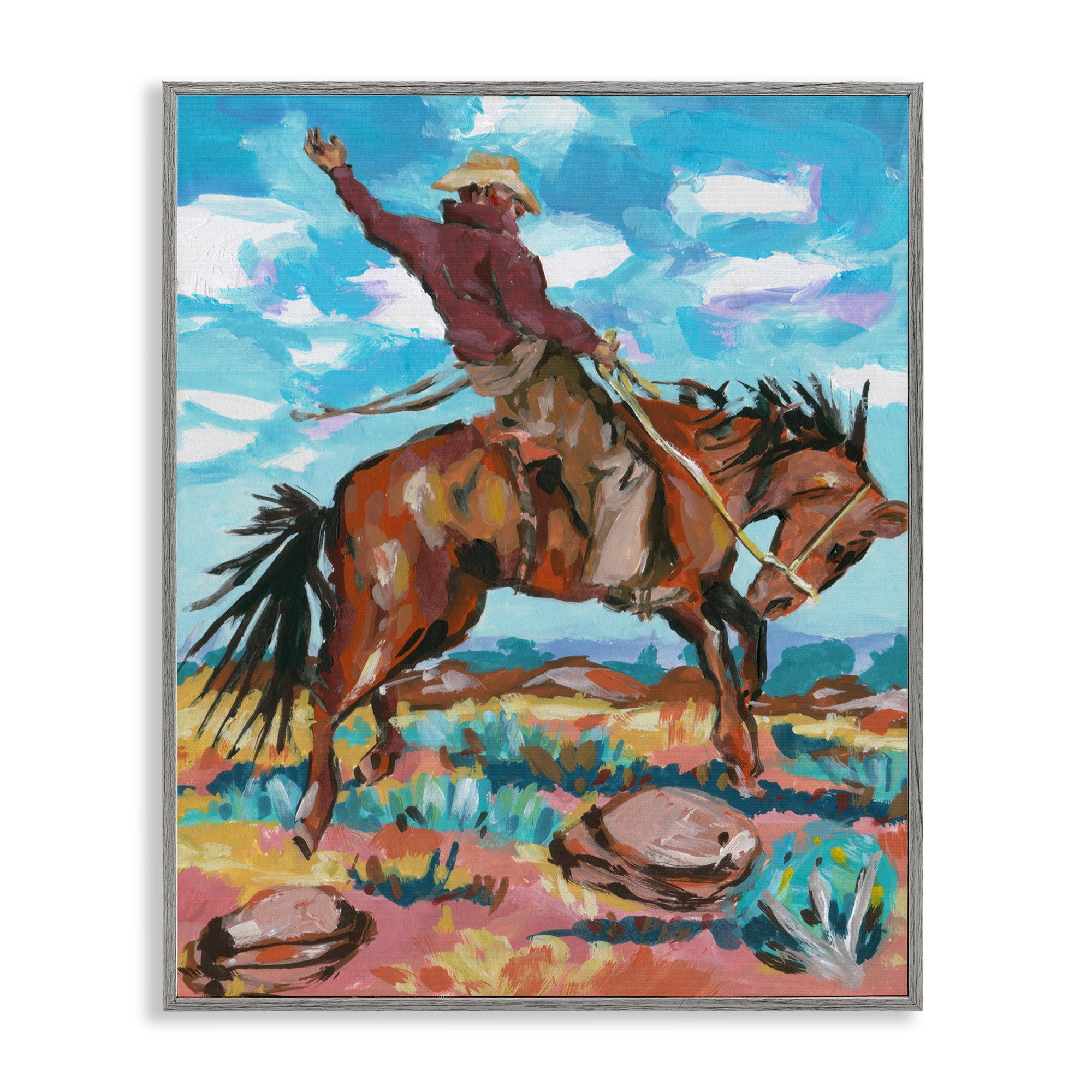 Stupell Industries Cowboy on Rearing Horse Animals Painting Gray Framed Art Print Wall Art, 24 x 30