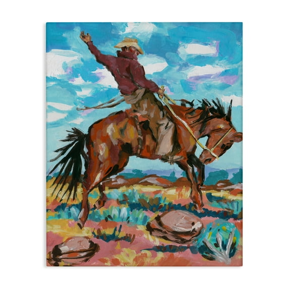 Stupell Industries Cowboy on Rearing Horse Animals Painting Wrapped Canvas Art Print Wall Art, 30 x 40