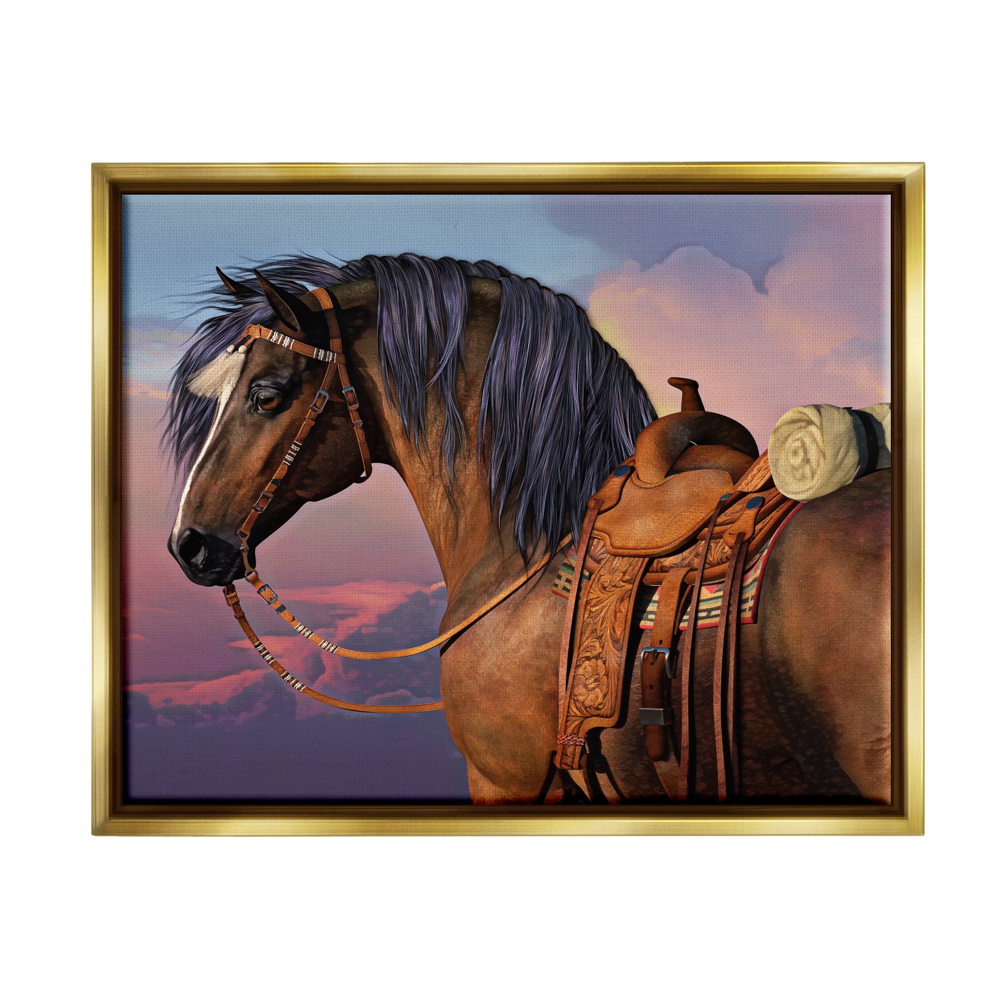 Stupell Industries Cowboy's Pride Horse & Saddle Animals & Insects Painting Gold Floater Framed Canvas Art Print Wall Art, 21 x 17