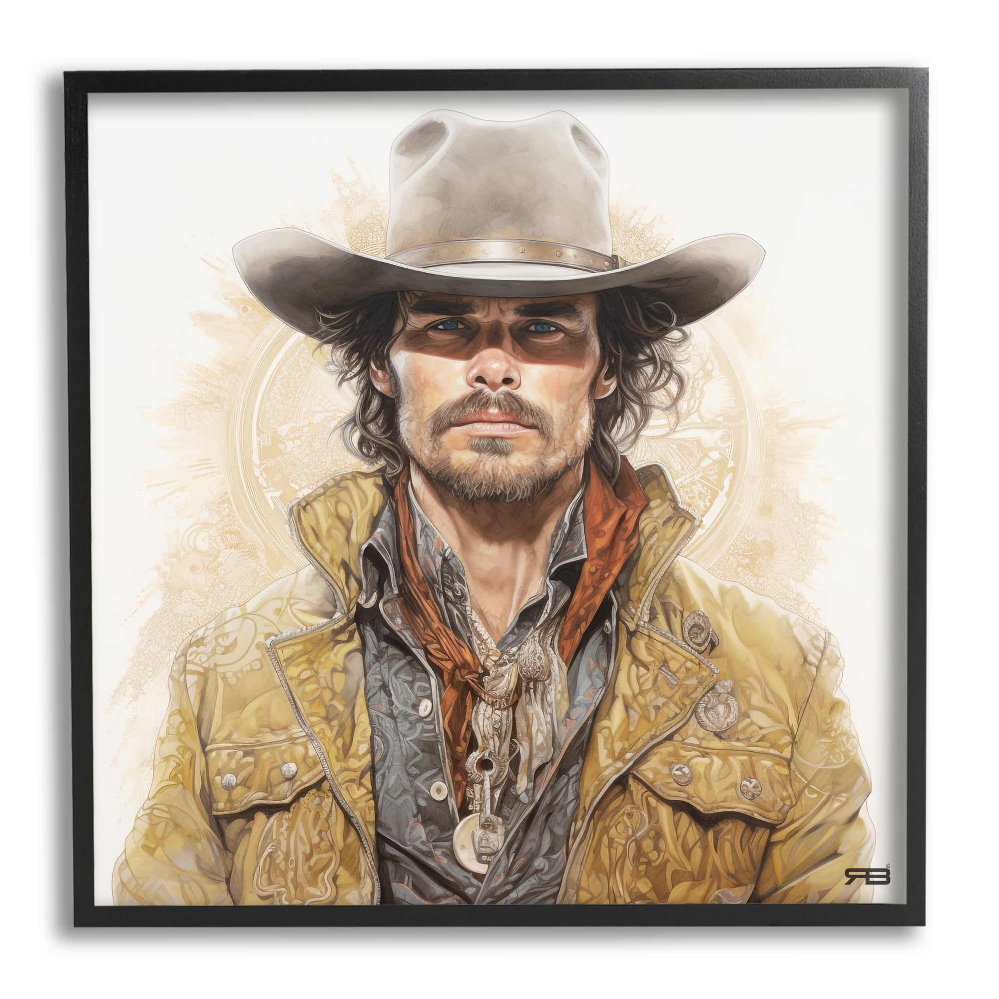 Stupell Industries Cowboy with Boho Pattern Abstract Painting Black Framed Art Print Wall Art, 12 x 12