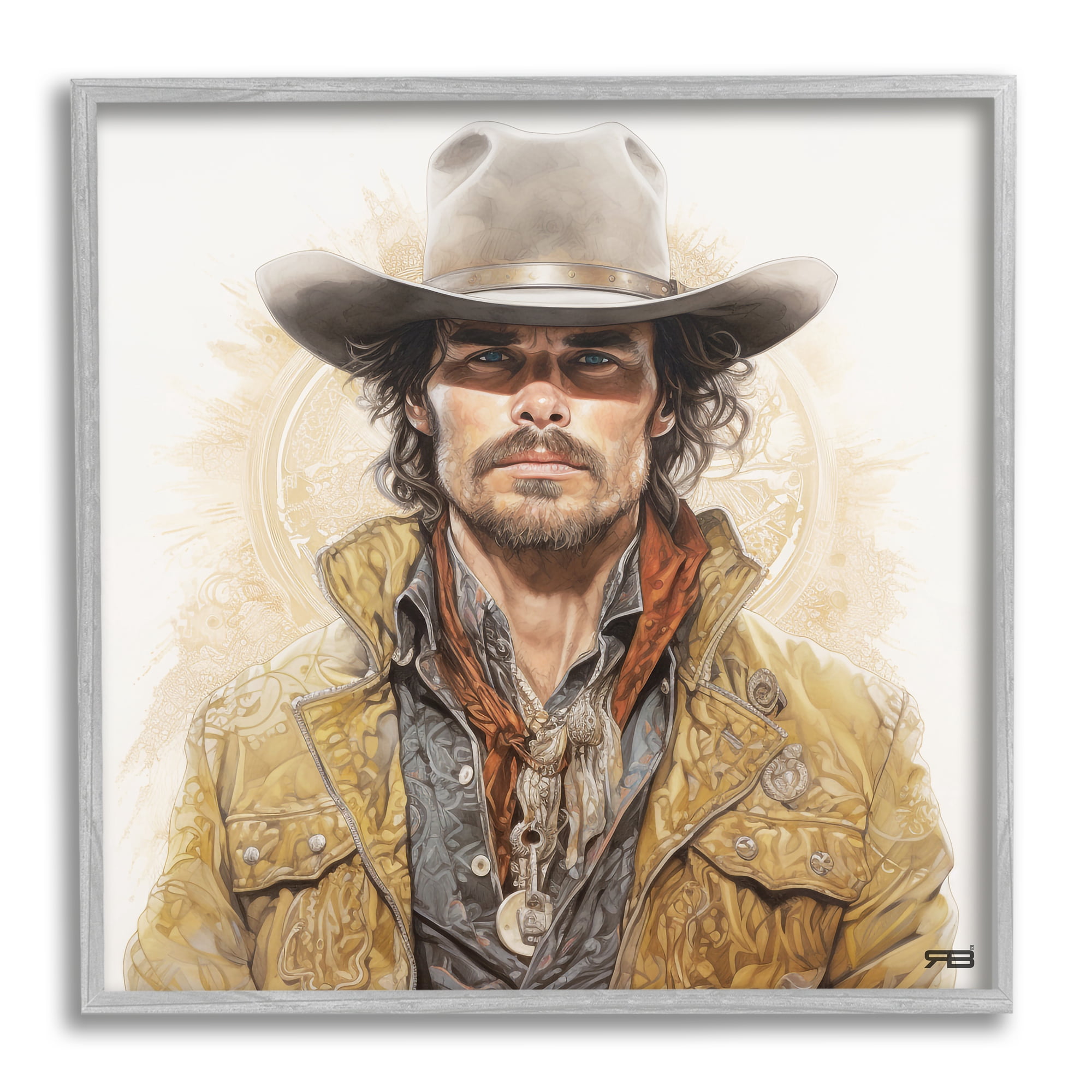Stupell Industries Cowboy with Boho Pattern Abstract Painting Gray Framed Art Print Wall Art, 12 x 12