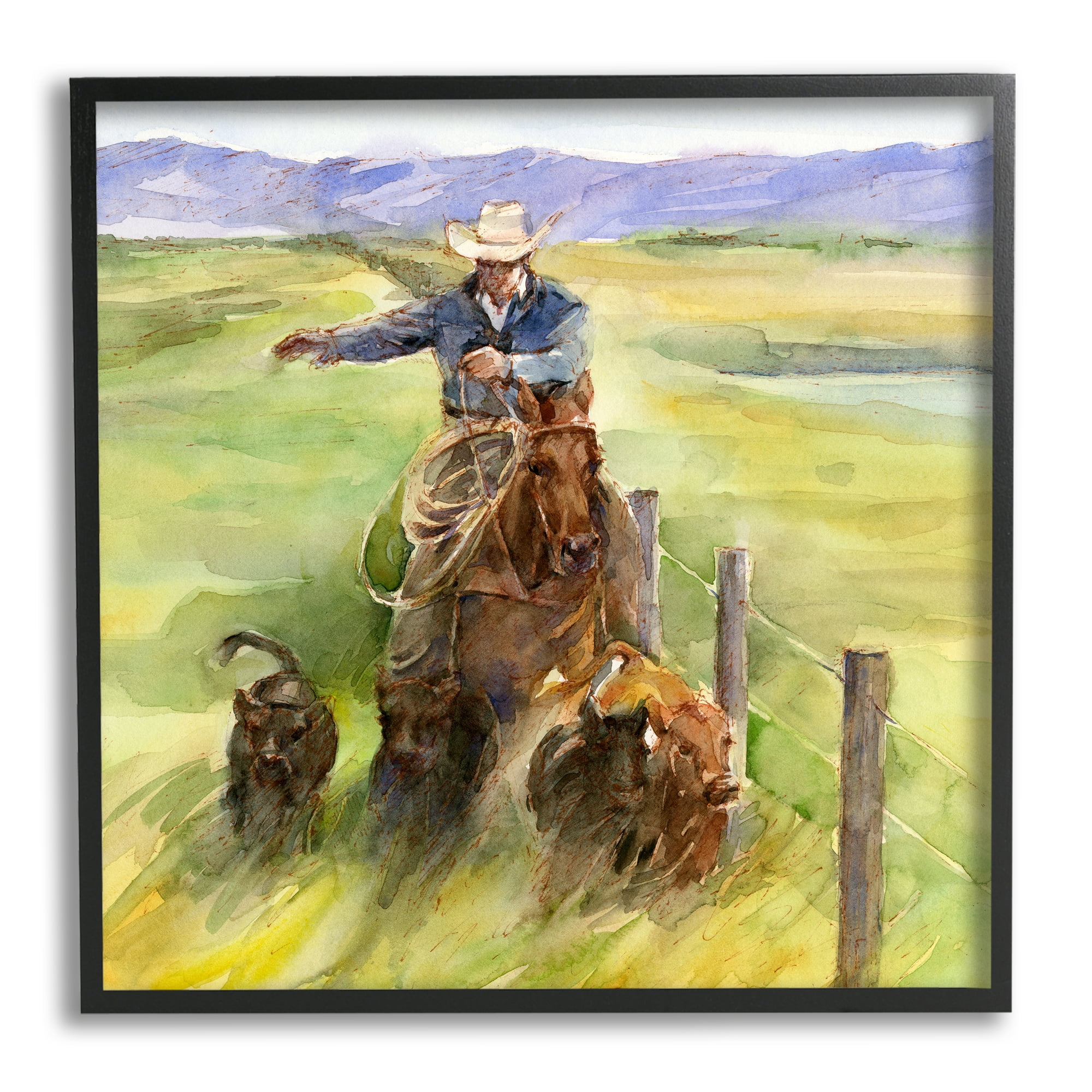 Stupell Industries Cowboy with Cattle Watercolor Animals & Insects Painting Black Framed Art Print Wall Art, 17 x 17