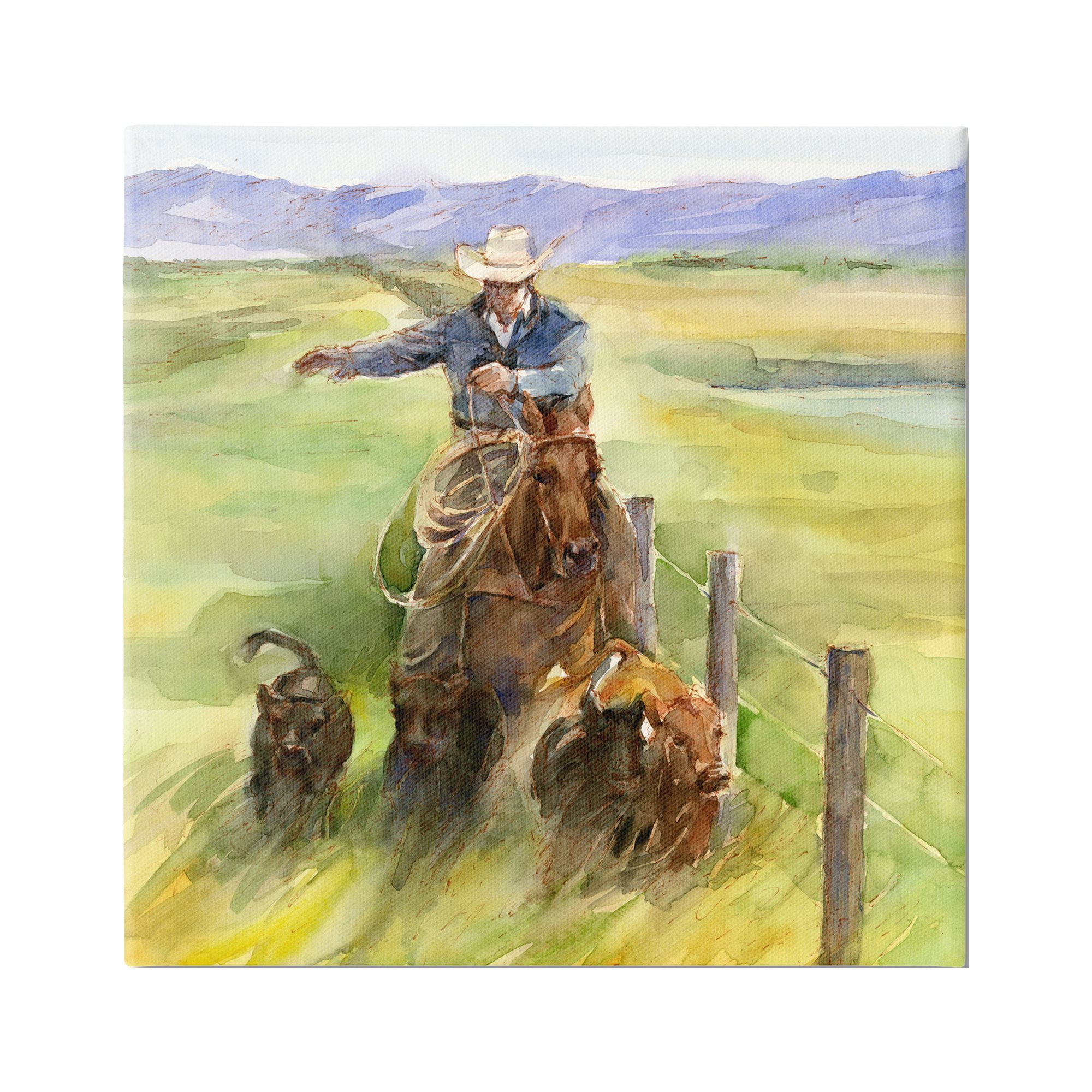 Stupell Industries Cowboy with Cattle Watercolor Animals & Insects Painting Gallery Wrapped Canvas Art Print Wall Art, 17 x 17