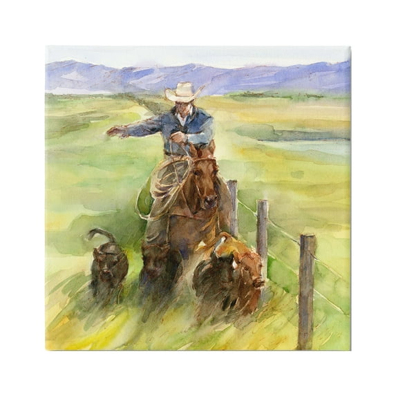 Stupell Industries Cowboy with Cattle Watercolor Animals & Insects Painting Gallery Wrapped Canvas Art Print Wall Art, 24 x 24
