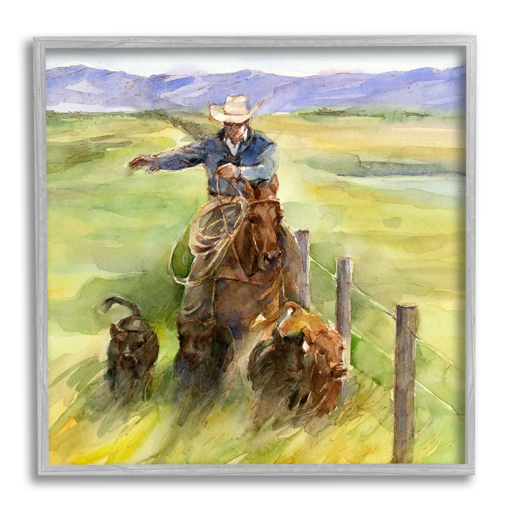 Stupell Industries Cowboy with Cattle Watercolor Animals & Insects Painting Gray Framed Art Print Wall Art, 17 x 17