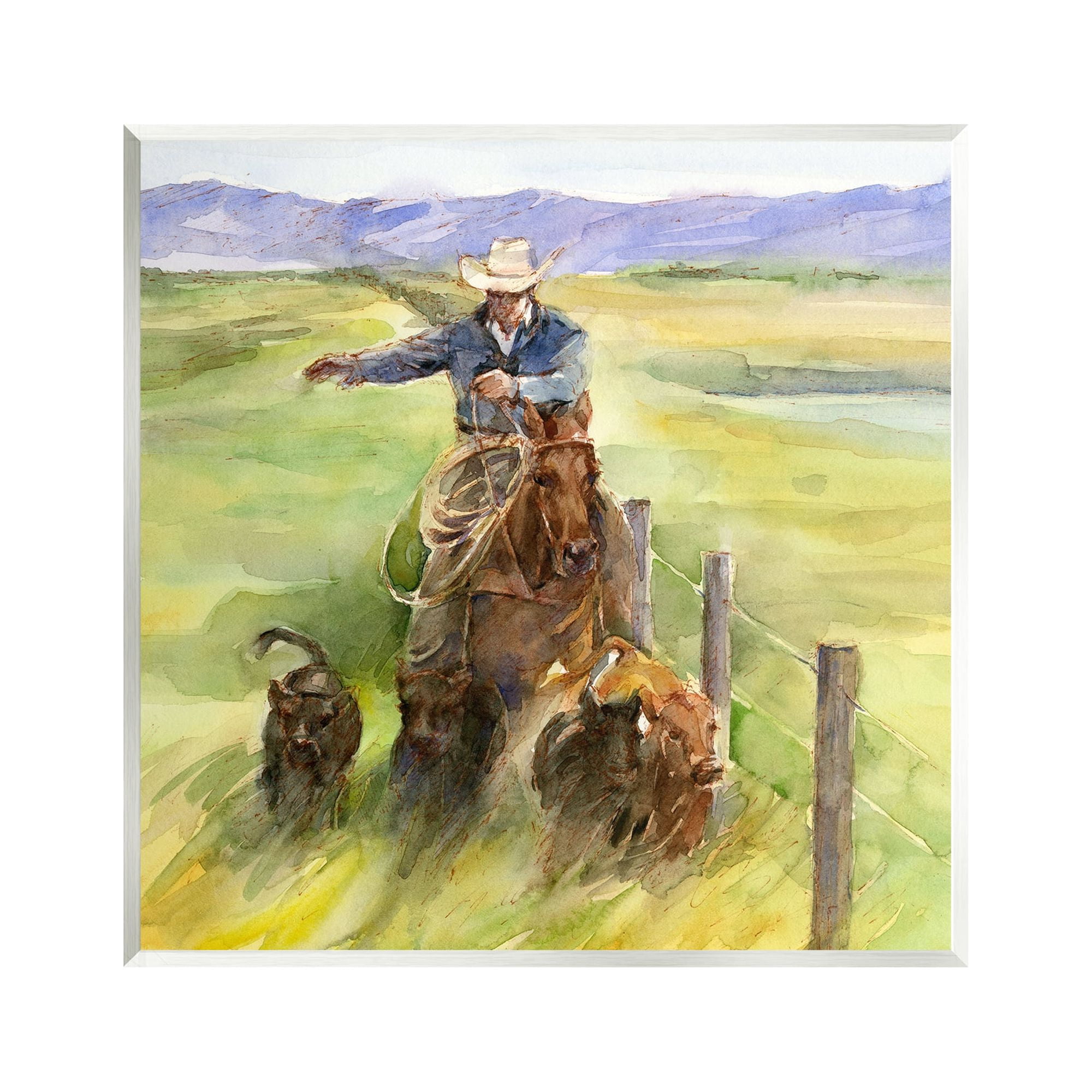 Stupell Industries Cowboy with Cattle Watercolor Animals & Insects Painting Unframed Art Print Wall Art, 12 x 12