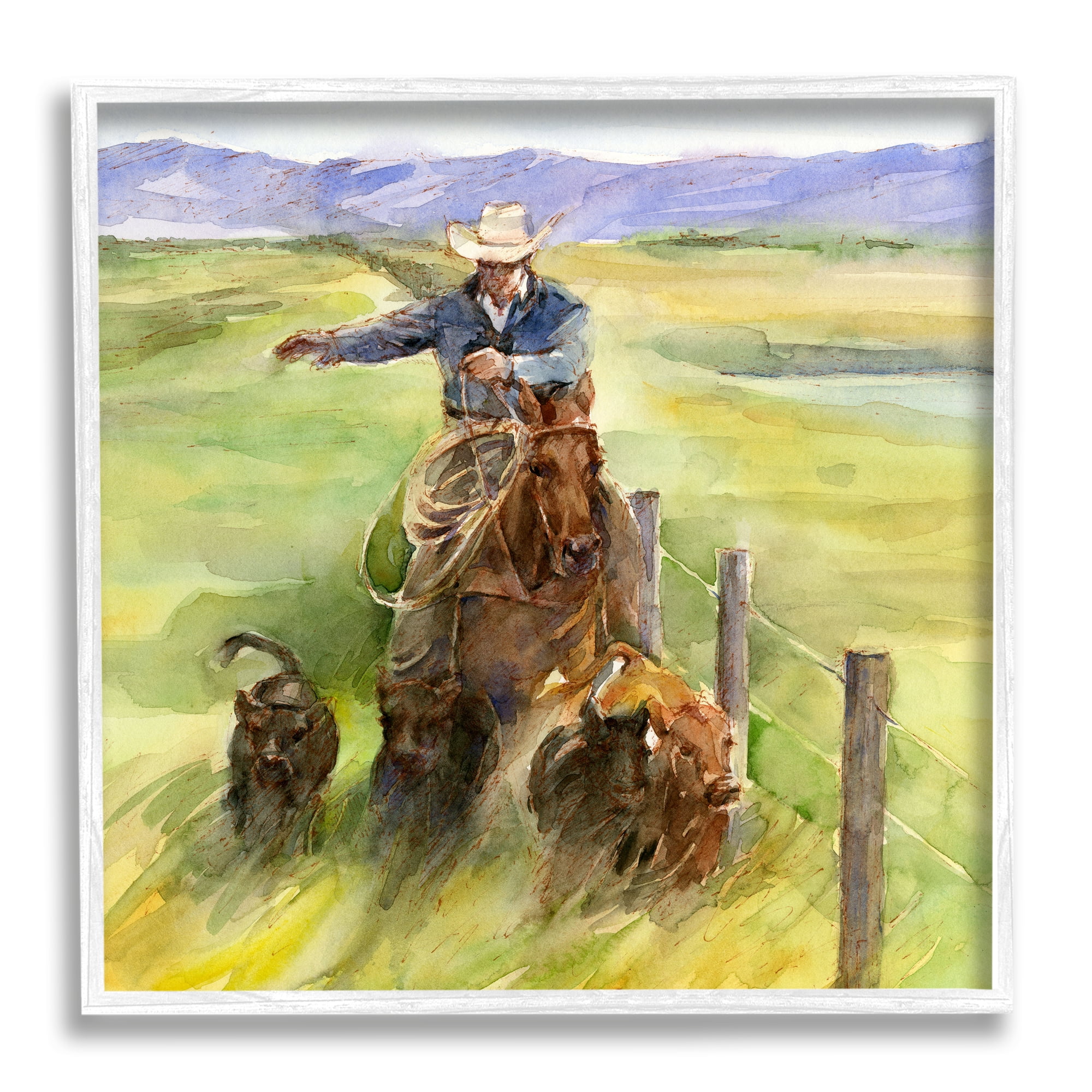 Stupell Industries Cowboy with Cattle Watercolor Animals & Insects Painting White Framed Art Print Wall Art, 17 x 17