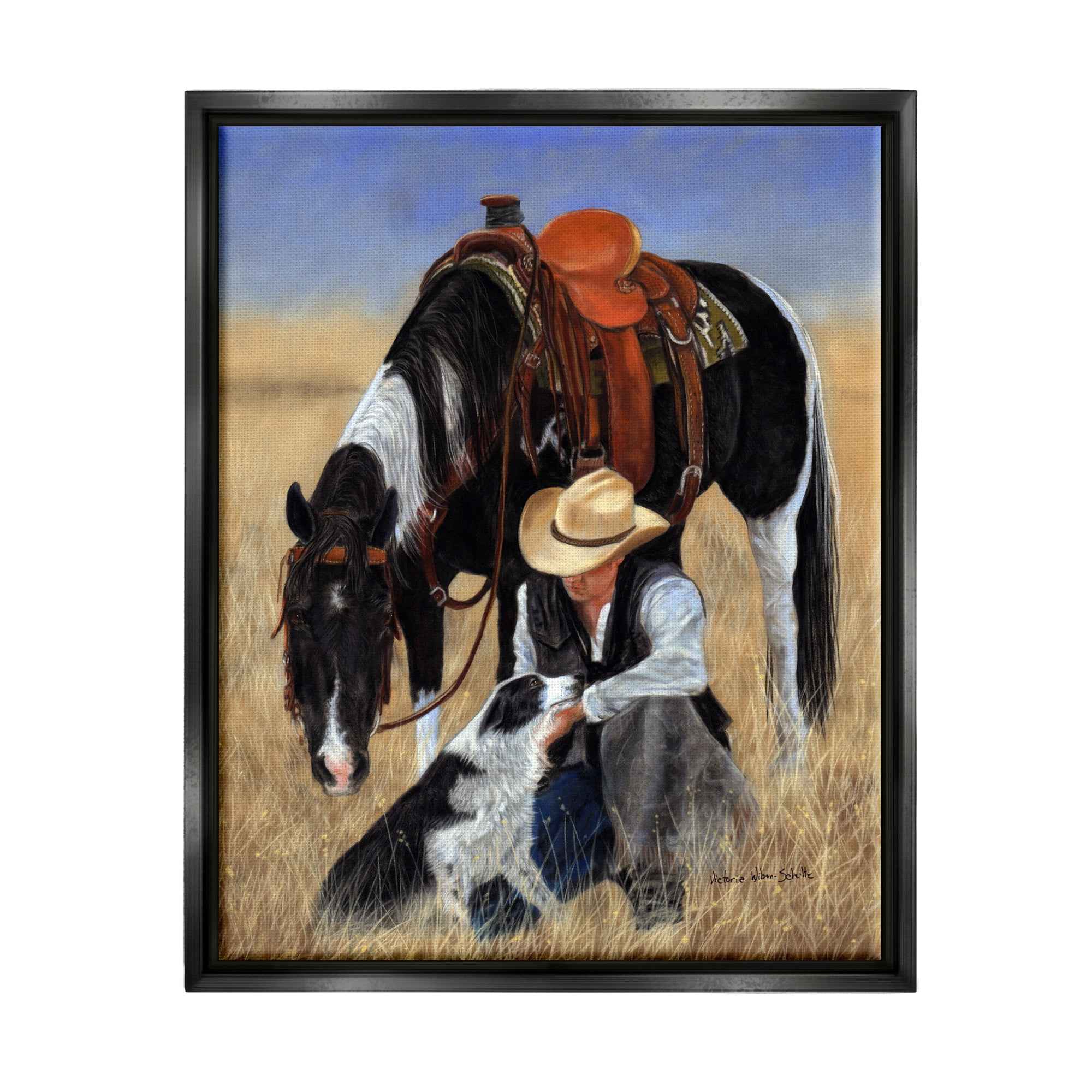 Stupell Industries Cowboy with Dog & Horse Animals & Insects Painting Black Floater Framed Canvas Art Print Wall Art, 25 x 31