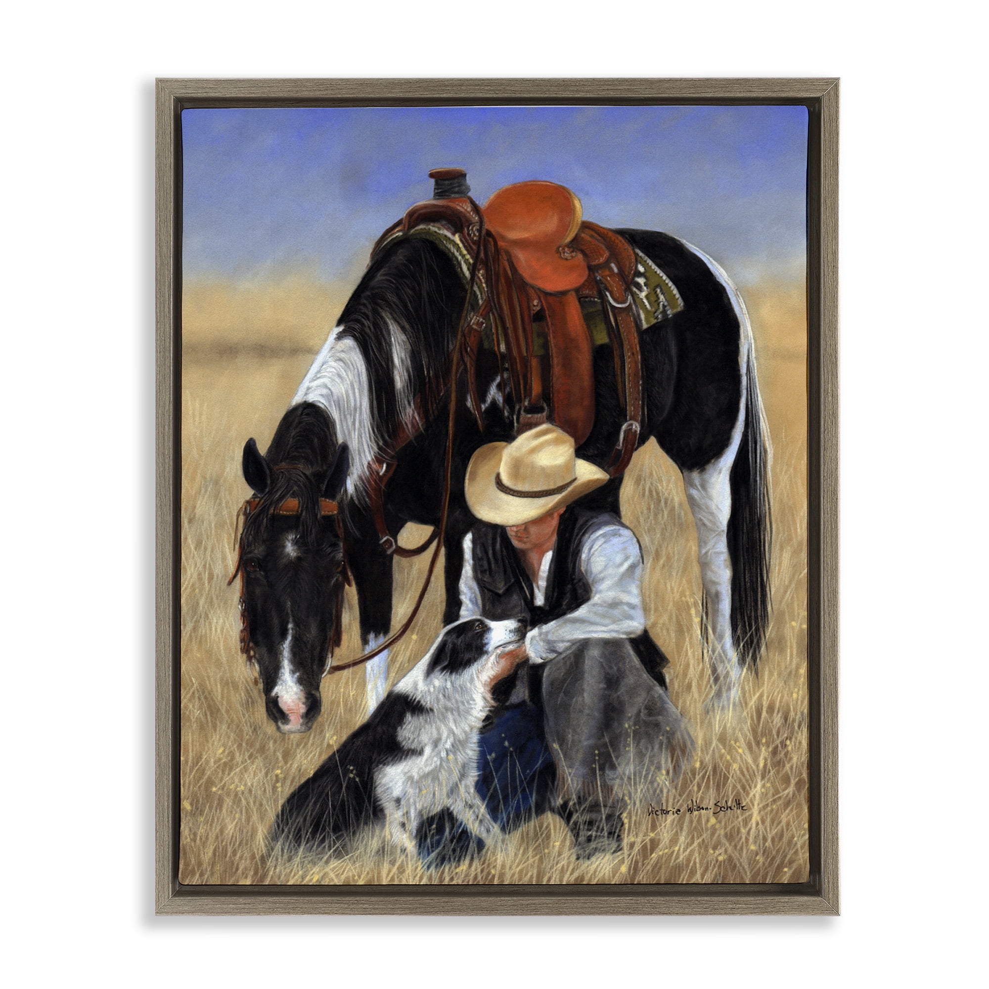 Stupell Industries Cowboy with Dog & Horse Animals & Insects Painting Brown Floater Framed Canvas Art Print Wall Art, 17 x 21