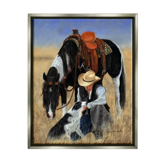 Stupell Industries Cowboy with Dog & Horse Animals & Insects Painting Gray Floater Framed Canvas Art Print Wall Art, 25 x 31