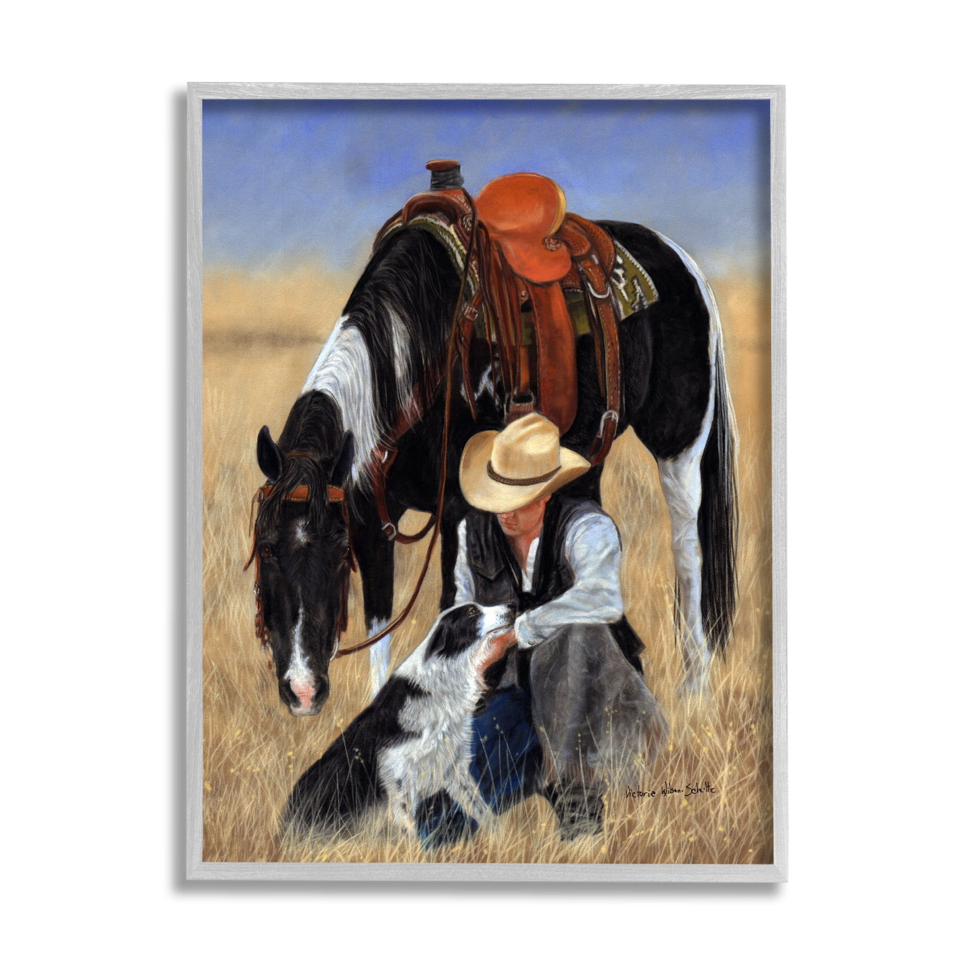 Stupell Industries Cowboy with Dog & Horse Animals & Insects Painting Gray Framed Art Print Wall Art, 24 x 30