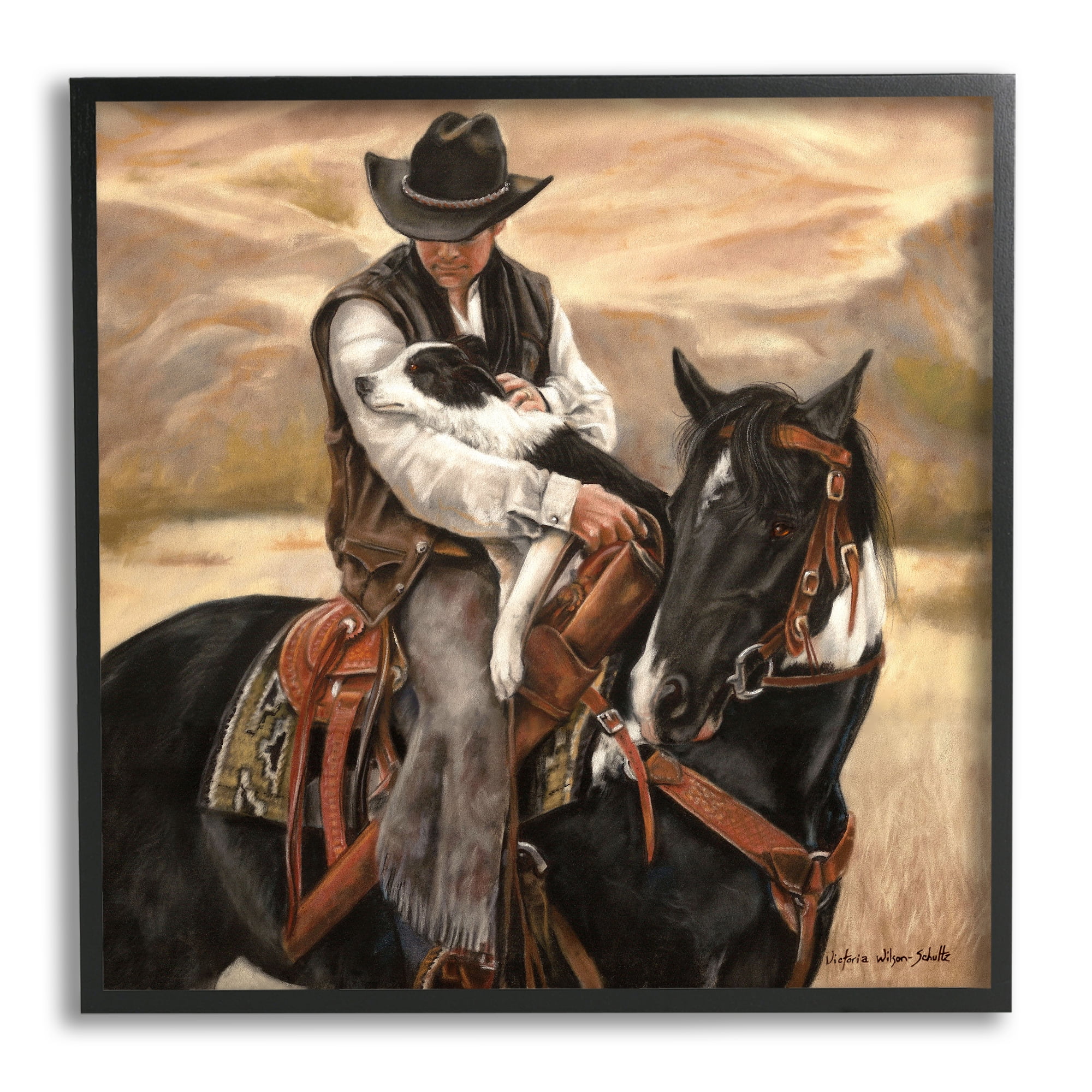Stupell Industries Cowboy with Dog Landscape Animals & Insects Painting Black Framed Art Print Wall Art, 17 x 17